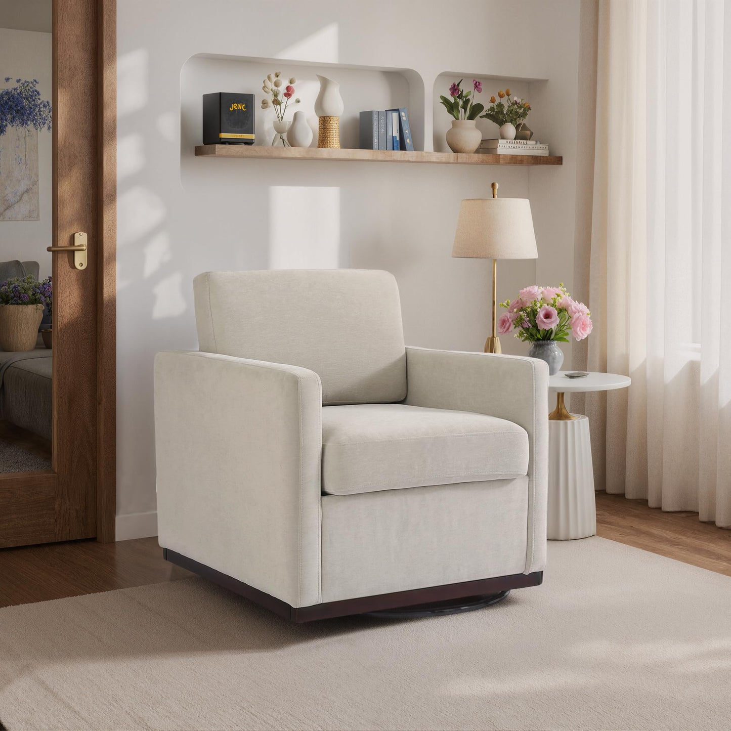 Swivel Accent Chairs Set of 2, 360° Swivel Upholstered Faux Leather Club Armchairs for Living Room, Comfy Single Sofa Reading Chair with Deep Seat, Metal Swivel Base, Coffee
