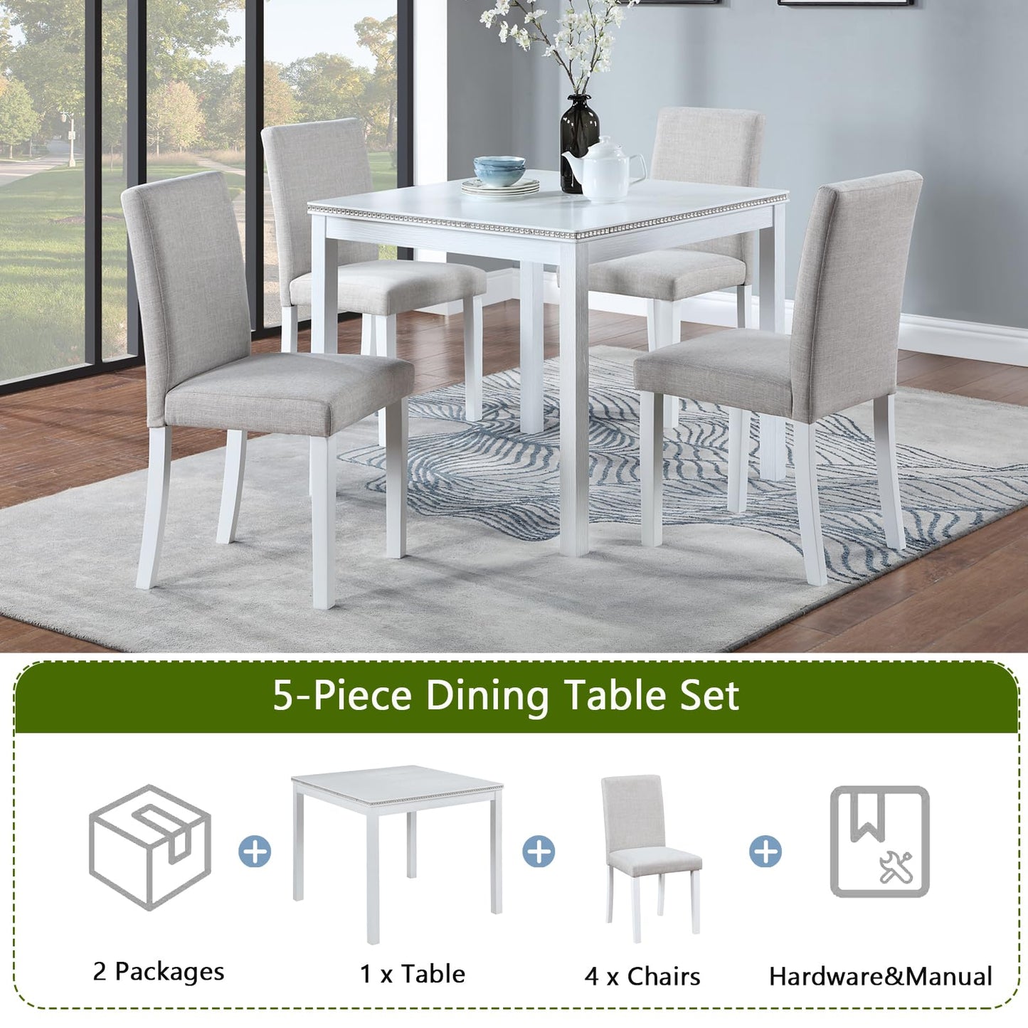 LKTART 5-Piece Kitchen & Dining Room Table and Chairs Sets,Small Square Kitchen Table with 4 Upholstered XX-Shaped Backrest Chairs,Walnut