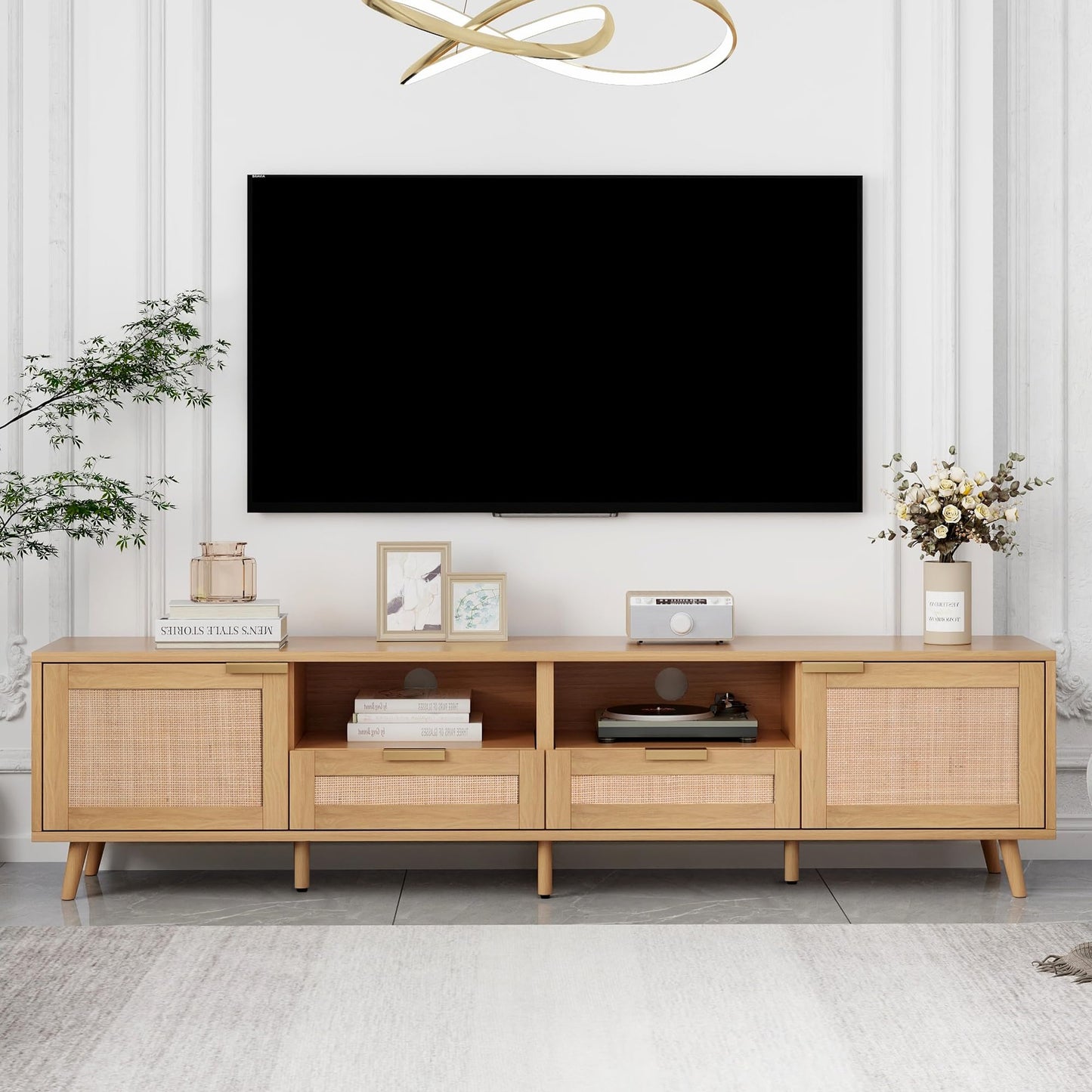 LKTART 67" Mid Century Modern TV Stand for 65/70/75/80" TVs,Entertainment Center with Sliding Doors and Drawers,Media Console for Living Room