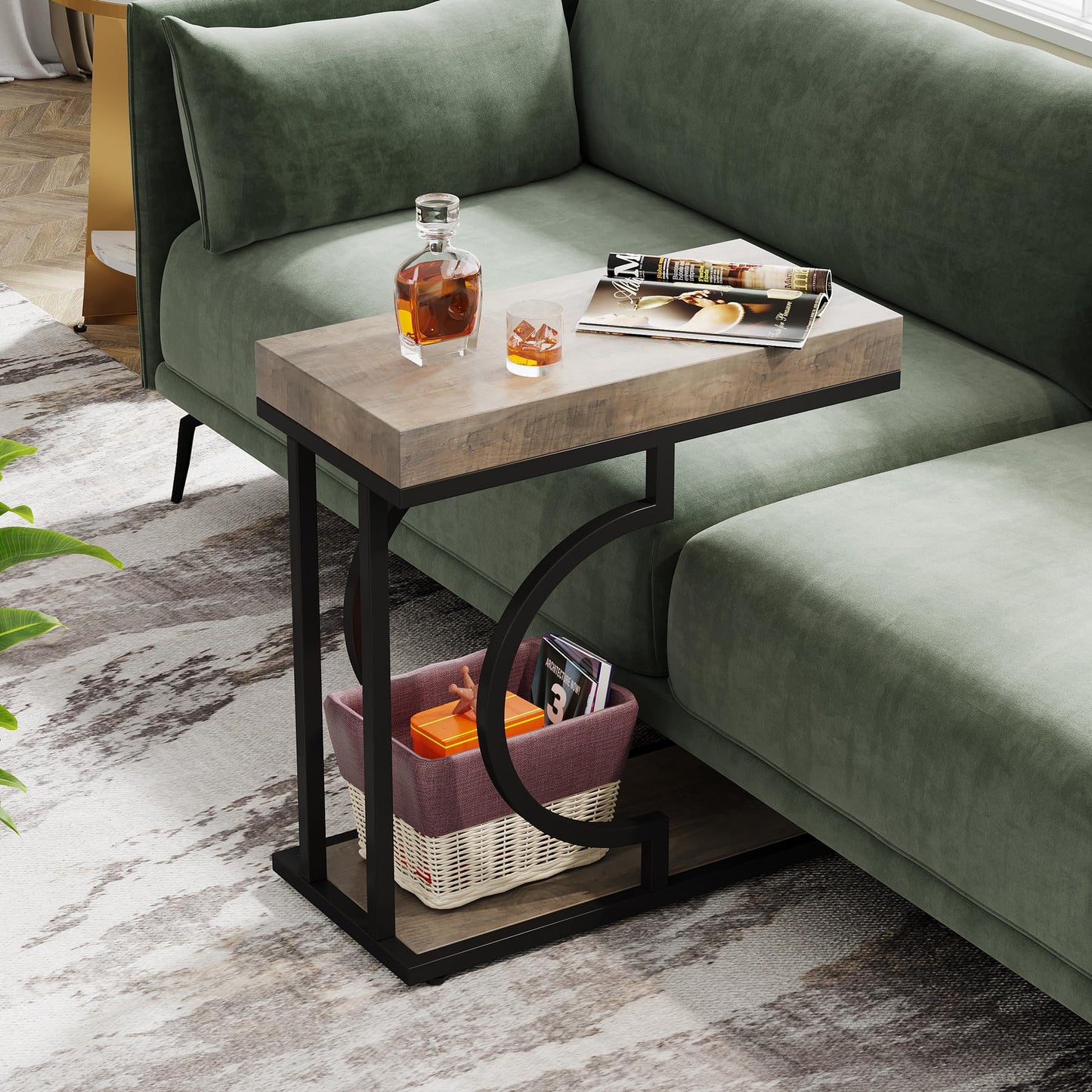 Tribesigns Narrow Side Table for Couch, C Shaped End Table with Metal Frame, Modern Bedside Tables, Small Sofa Tables for Small Spaces, Living Room (1, Brown+Black)