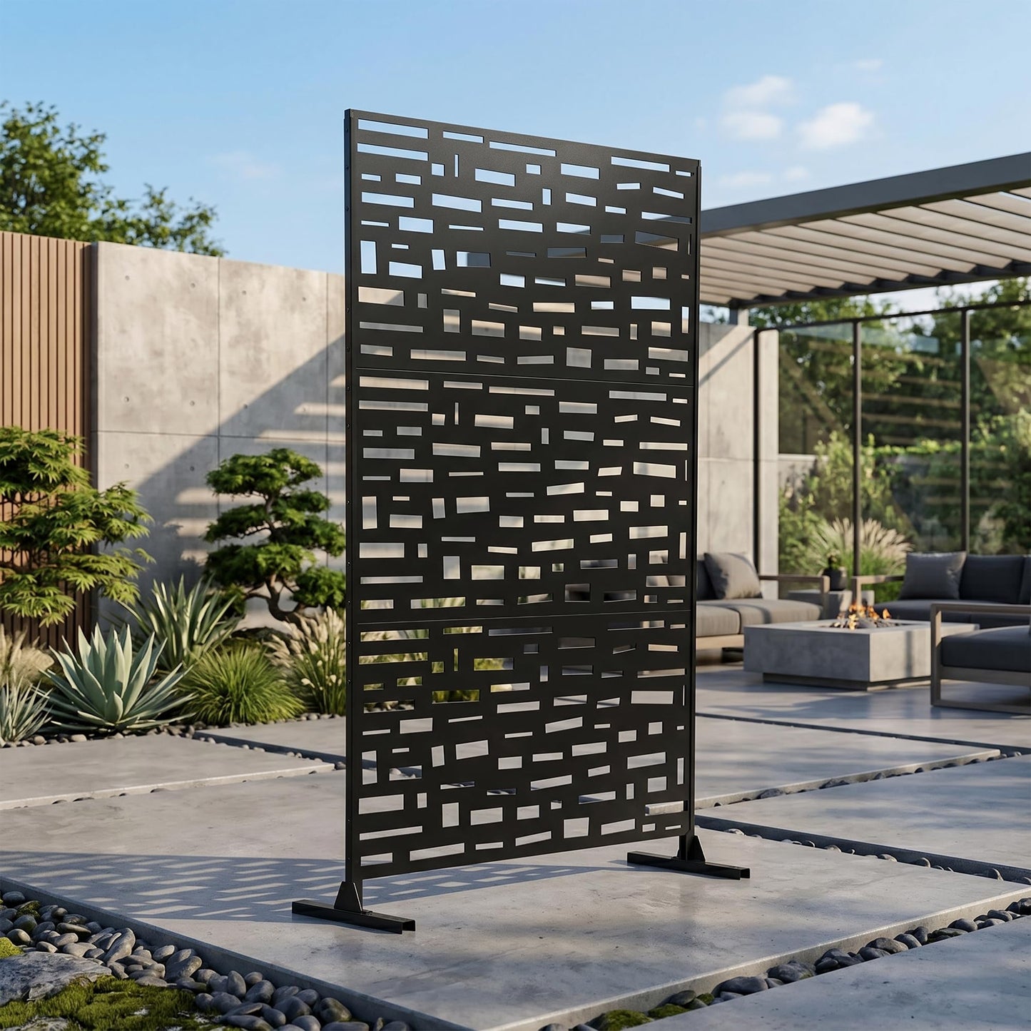 Outdoor Metal Privacy Screen with Stand, 72" H x 47" W Freestanding Outdoor Patio Divider, Decorative Patio Privacy Fence Panel for Garden Backyard Balcony Porch (Brown-Crossbanding)