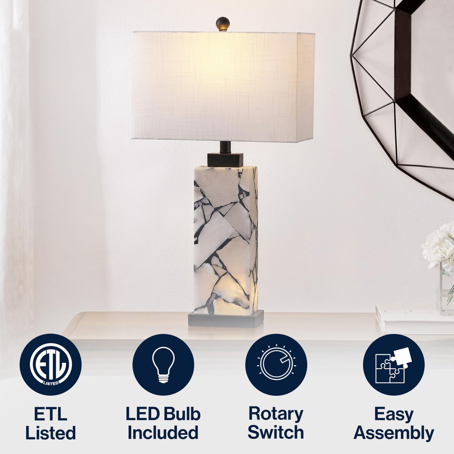 JONATHAN Y 24.25" Black/White Modern Alabaster LED Table Lamp for Home Decor, White Linen Shade, Coastal Nightstand Lamp with Built-in Base Accent Light (JYL8507A)
