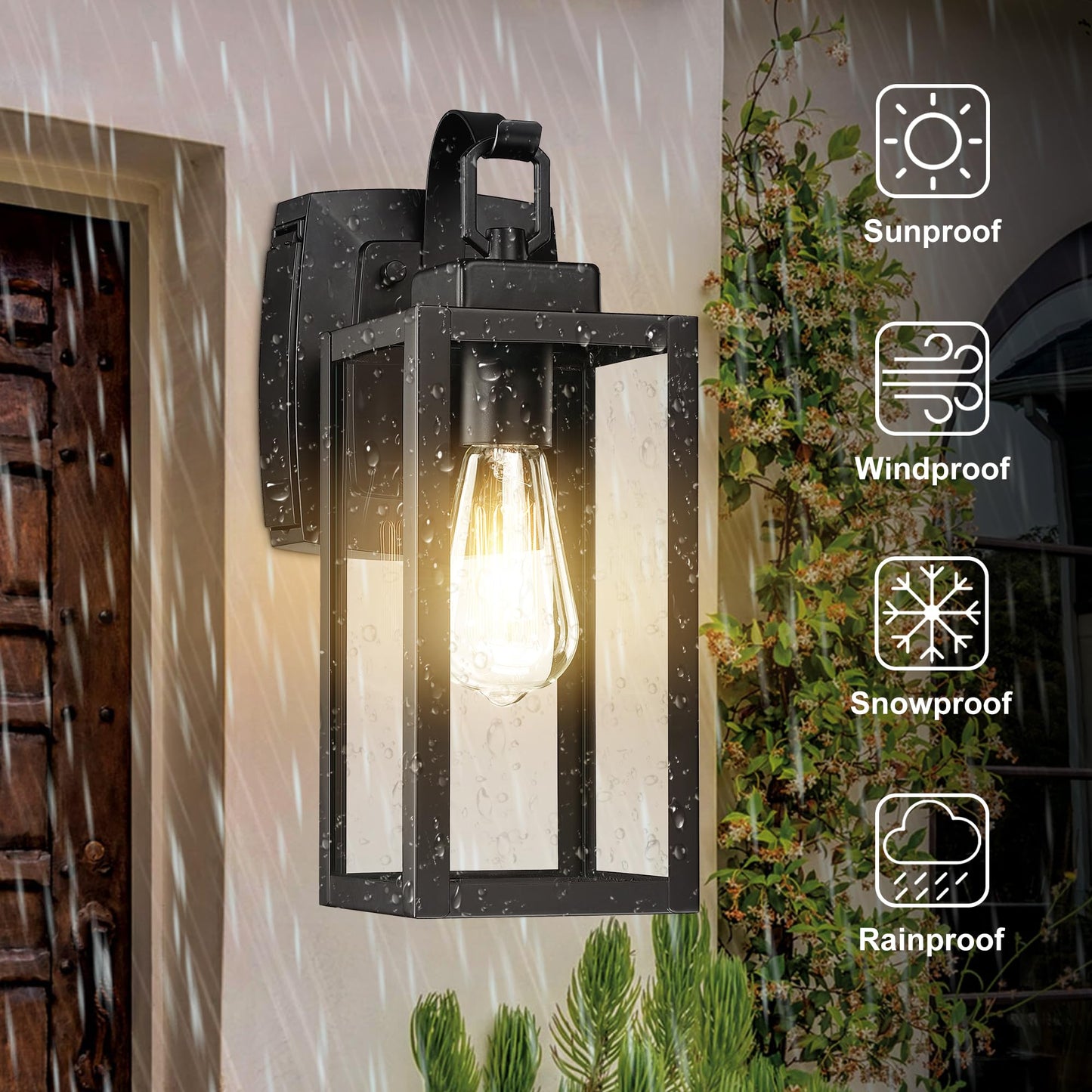 18 Inch Dusk to Dawn Outdoor Wall Light Fixtures, Large Exterior Waterproof Light Fixtures, Black Modern Porch Lights with E26 Sockets & Glass Shades, Wall Sconces for Patio, Garage, Front Door
