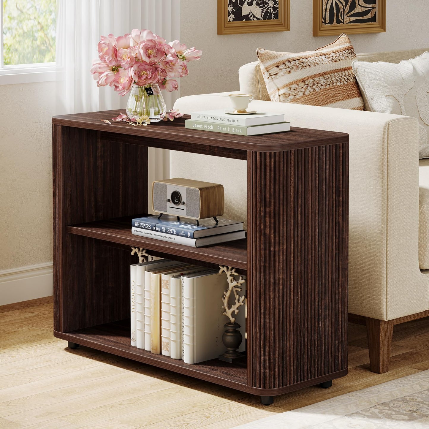 Tribesigns Narrow Side Table, 3-Tier End Table for Living Room, Small Fluted Nightstand with Storage Shelves, Farmhouse Bedside Table for Bedroom, Small Spaces, Sofa Couch, Dark Walnut
