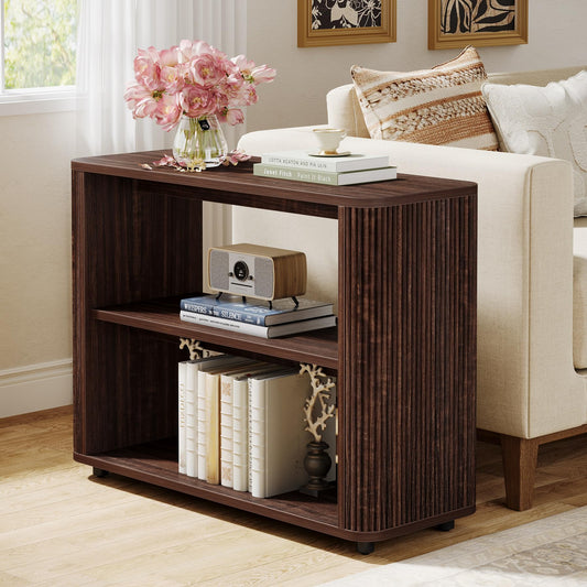 Tribesigns Narrow Side Table, 3-Tier End Table for Living Room, Small Fluted Nightstand with Storage Shelves, Farmhouse Bedside Table for Bedroom, Small Spaces, Sofa Couch, Dark Walnut