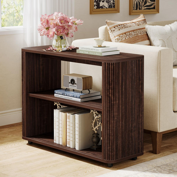 Tribesigns Narrow Side Table, 3-Tier End Table for Living Room, Small Fluted Nightstand with Storage Shelves, Farmhouse Bedside Table for Bedroom, Small Spaces, Sofa Couch, Dark Walnut