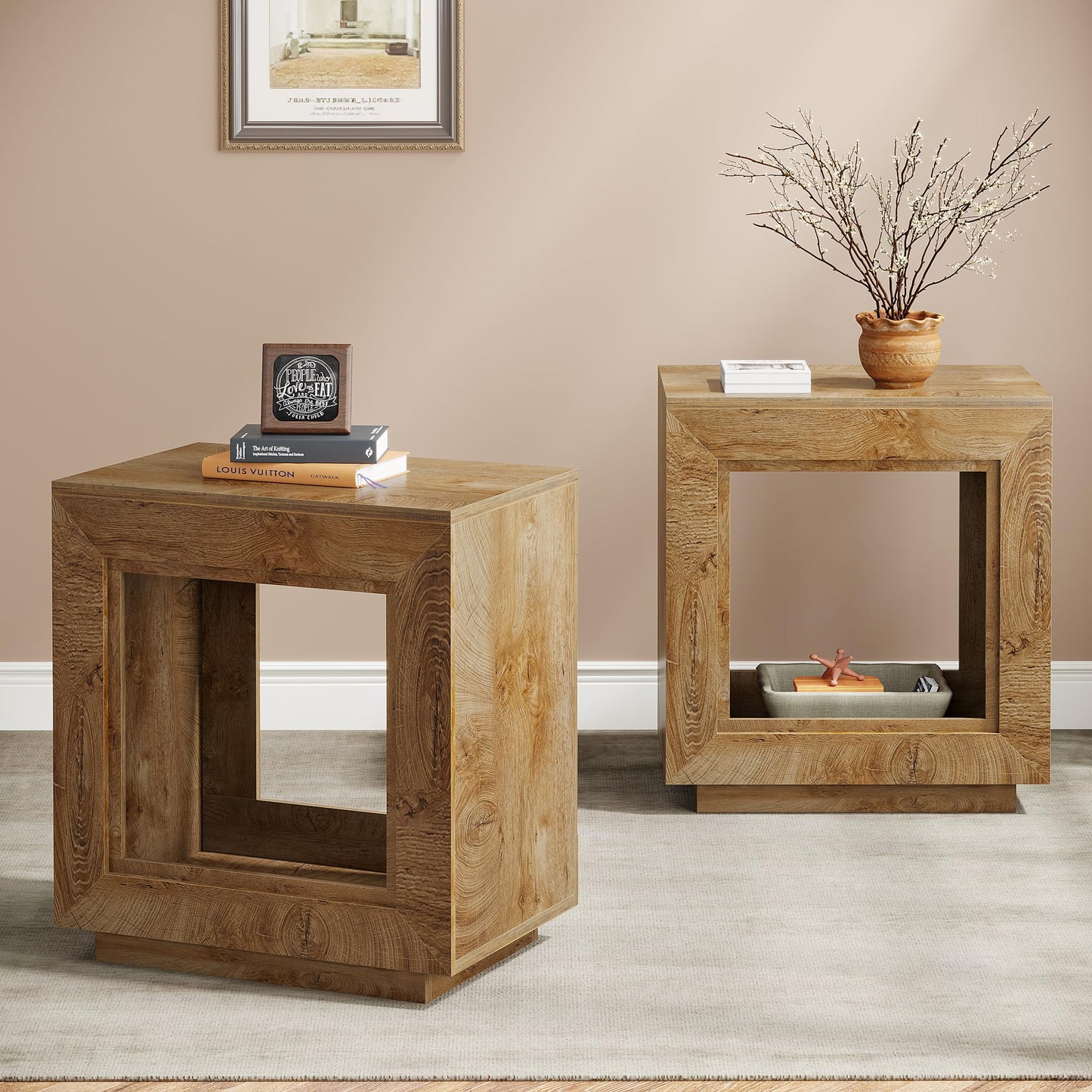 Tribesigns Rustic Wood End Table, 2 Tiered Square Side Table with Storage Shelf, Industrial Sofa Side Table for Living Room, Entrance (Rustic Brown) (1)