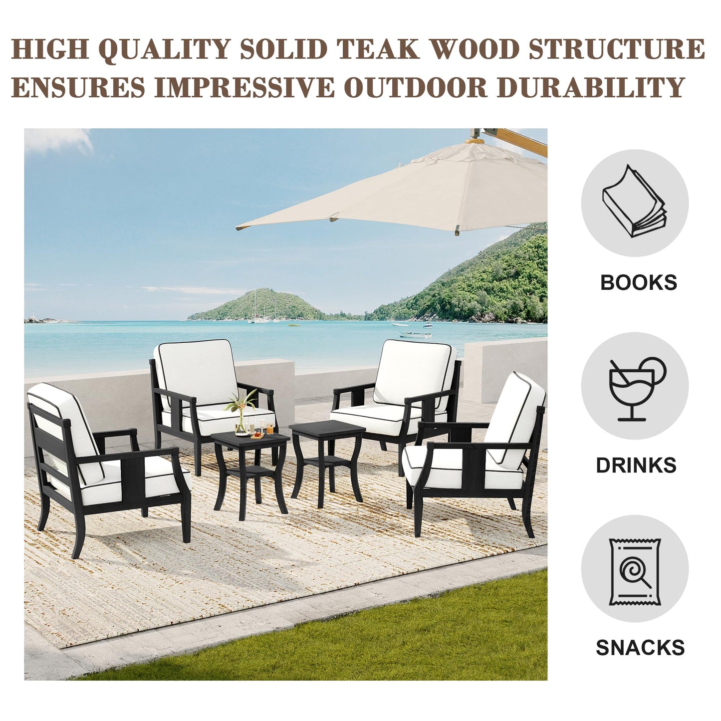 Outdoor Patio Armchairs Set of 2, All-Weather Solid Wood Patio Furniture Sets, Outdoor Sofa Chairs with Washable Thick Cushions for Porch, Balcony, Deck, Black Frame & Gray Cushion