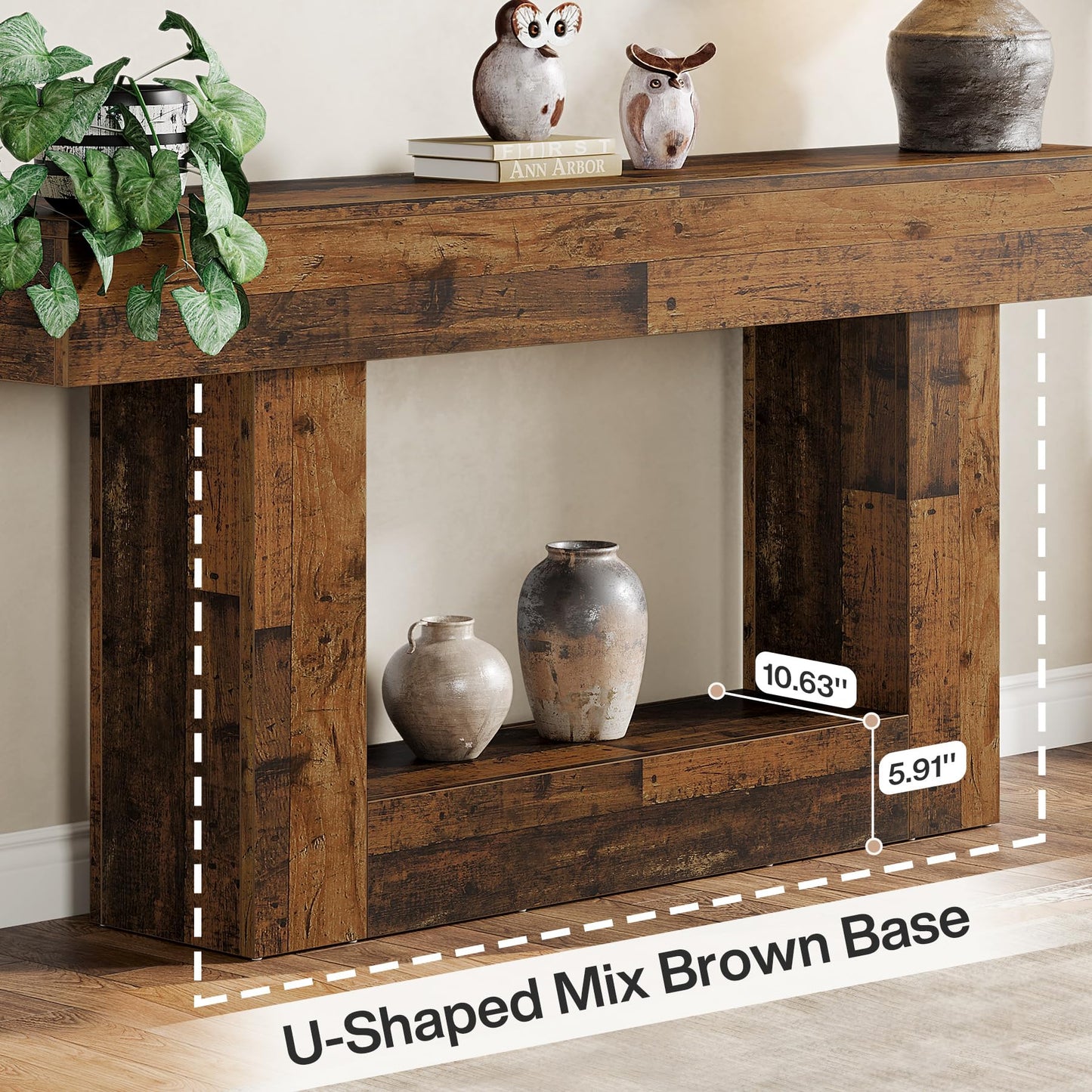 Tribesigns 63" Console Table, Farmhouse 2-Tier Entryway Table with U-Shaped Base, Narrow Long Wood Sofa Table Behind Couch Table for Living Room, Hallway, Foyer, Vintage Brown & Gray | Farmhouse