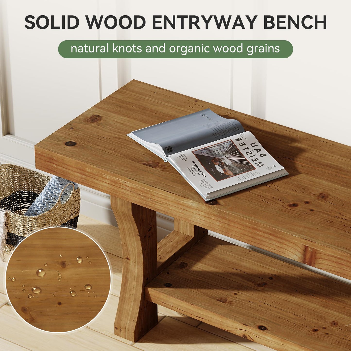 Solid Wood Entryway Bench, 55" End of Bed Bench, Long Indoor Dining Seat for Hallway, Bedroom, Living Room, Dining Room, Easy Assembly, Brown