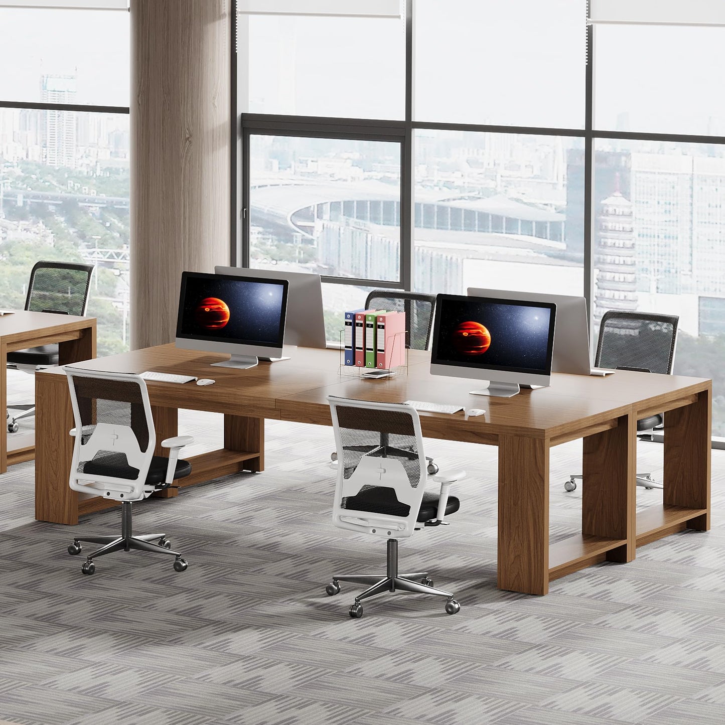 Tribesigns Two Person Desk, 86.6 Inches Extra Long Desk, Double Computer Writing Table, Wood Large Desks Workstation for Home Office, Natural Wood