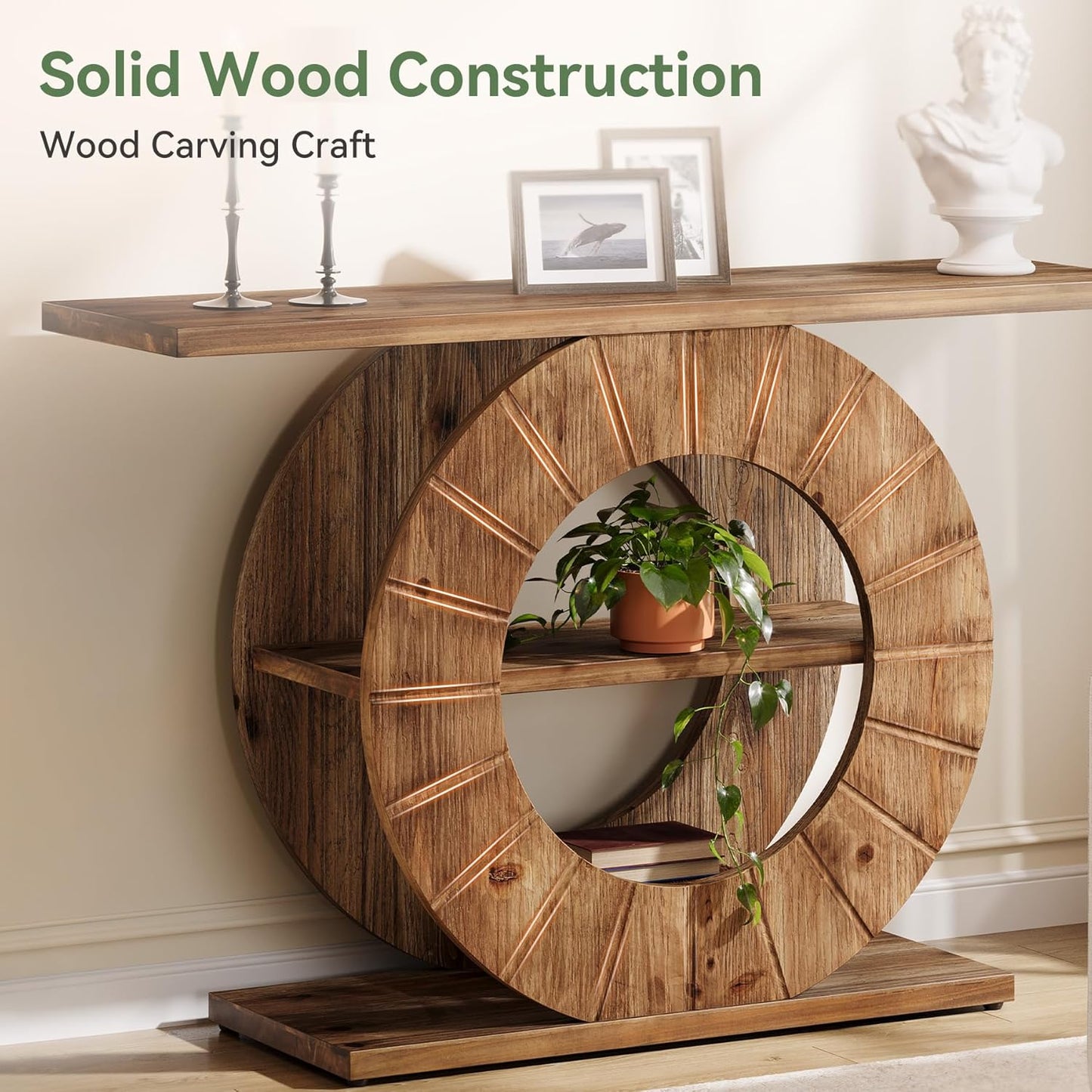 41" Solid Wood Console Table with Storage, Farmhouse Sofa Table with 3-Tier Shelves & Carved Circle Base for Living Room, Hallway, Foyer, Rustic Brown