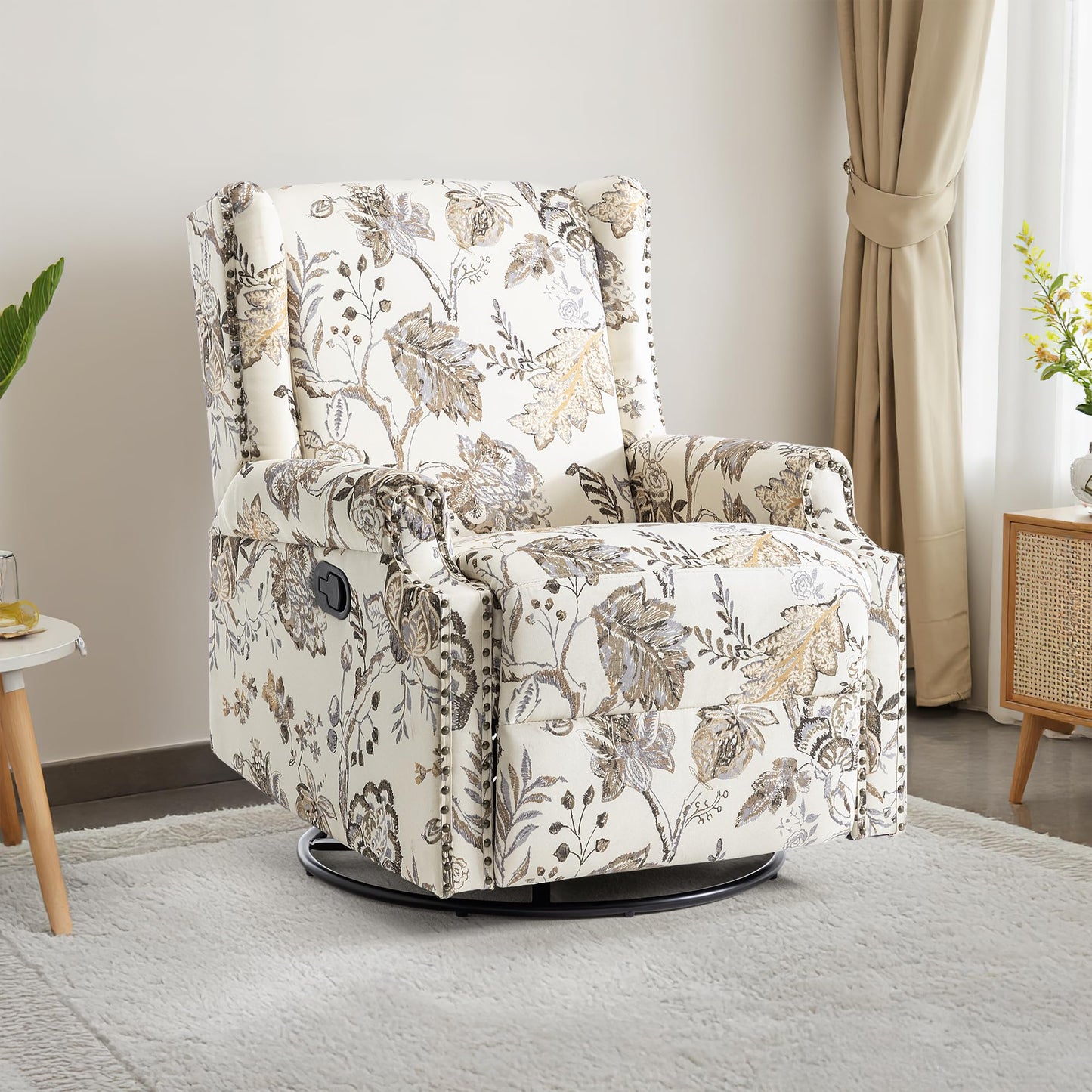 Swivel Rocker Recliner Chair, 360° Swivel Wingback Recliner Chairs for Adults, Upholstered Printed Fabric Glider Rocking Chair with High Back, Deep Seat for Living Romm Bedroom, Bird