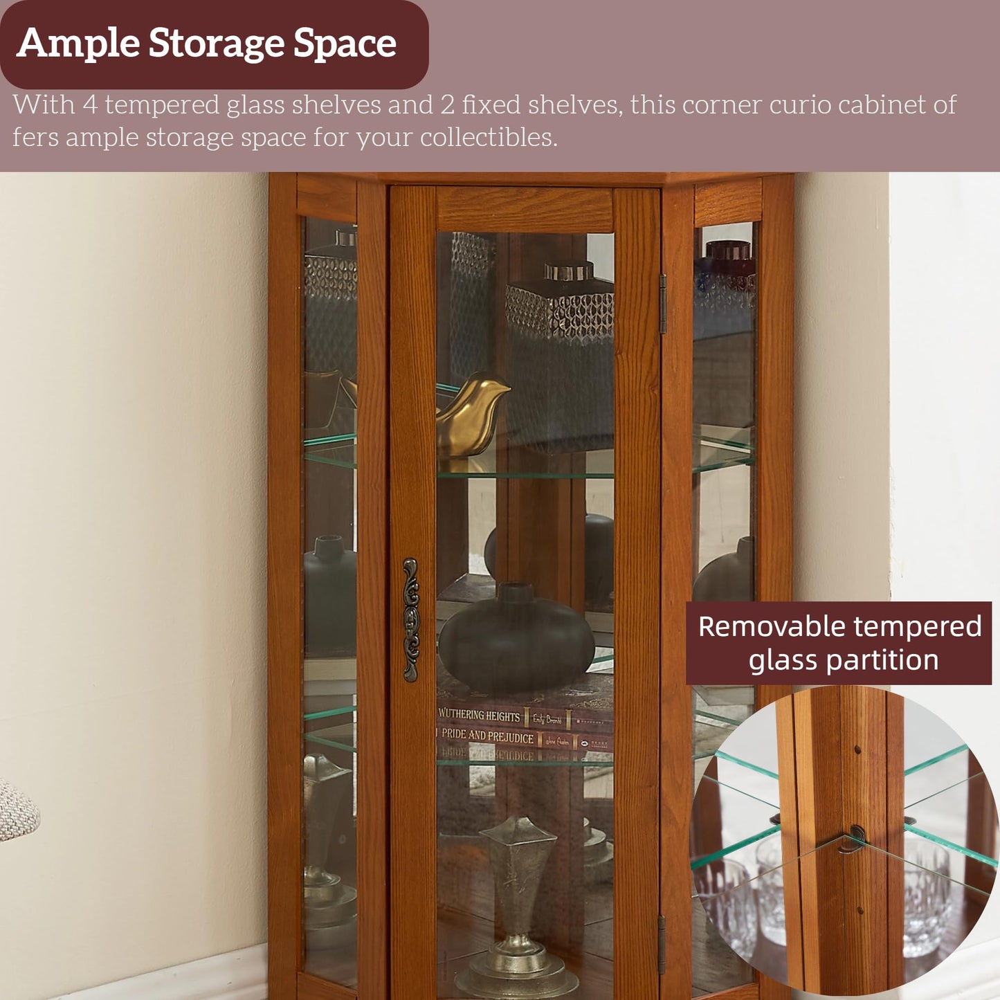 LKTART Curio Glass Display Cabinet, 70" Tall Corner Storage Cabinet with Lights and Mirrored Back Panel,China Cabinet with Tempered Glass Doors and Shelves(Walnut)