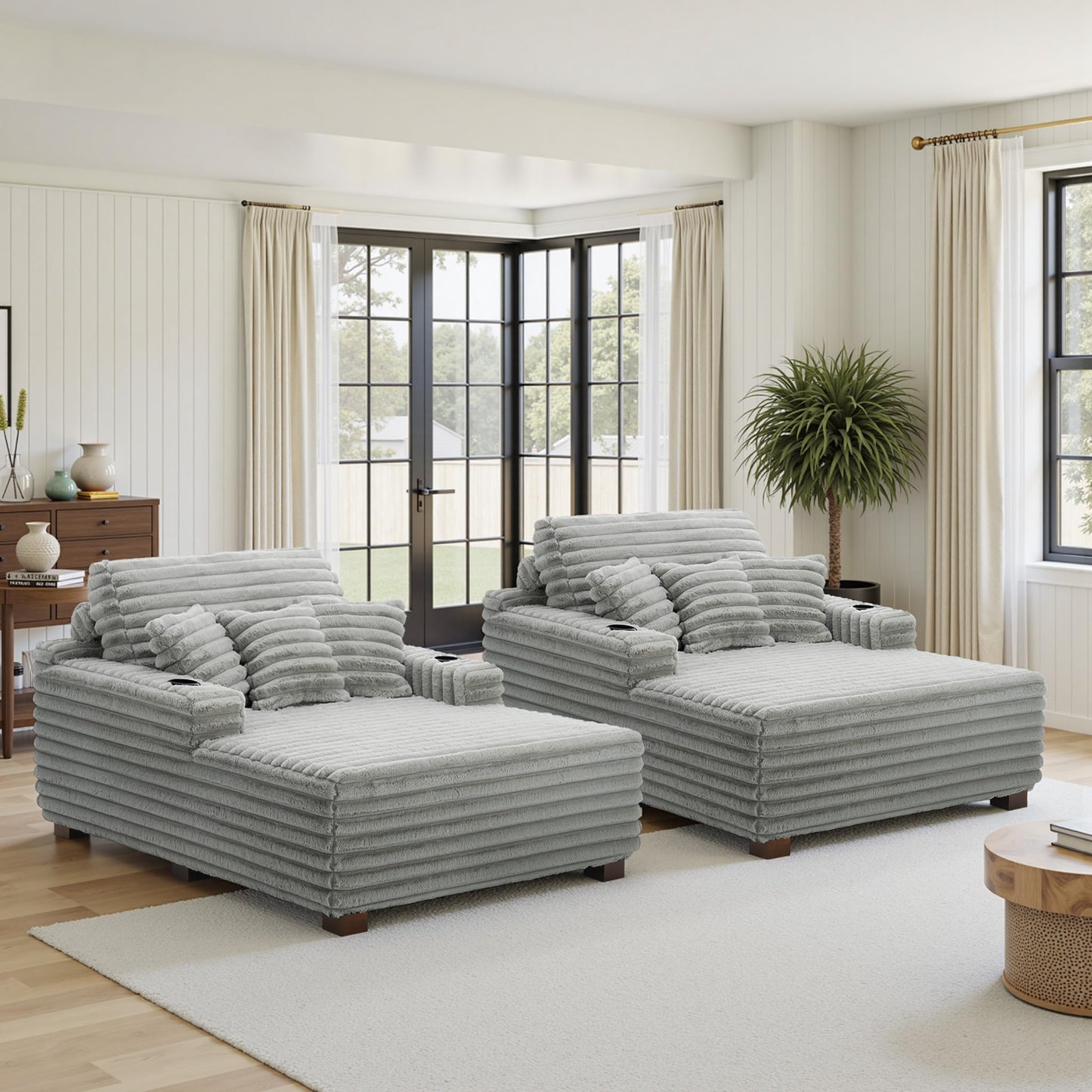 59" Chaise Lounge Chair Indoor, Upholstered Oversized Sleeper Sofa Bed Reading Chairs with 3 Soft Pillows & 2 Cup Holders, Comfy Cloud Deep Seat Sofa for Living Room Bedroom, Set of 2, Navy