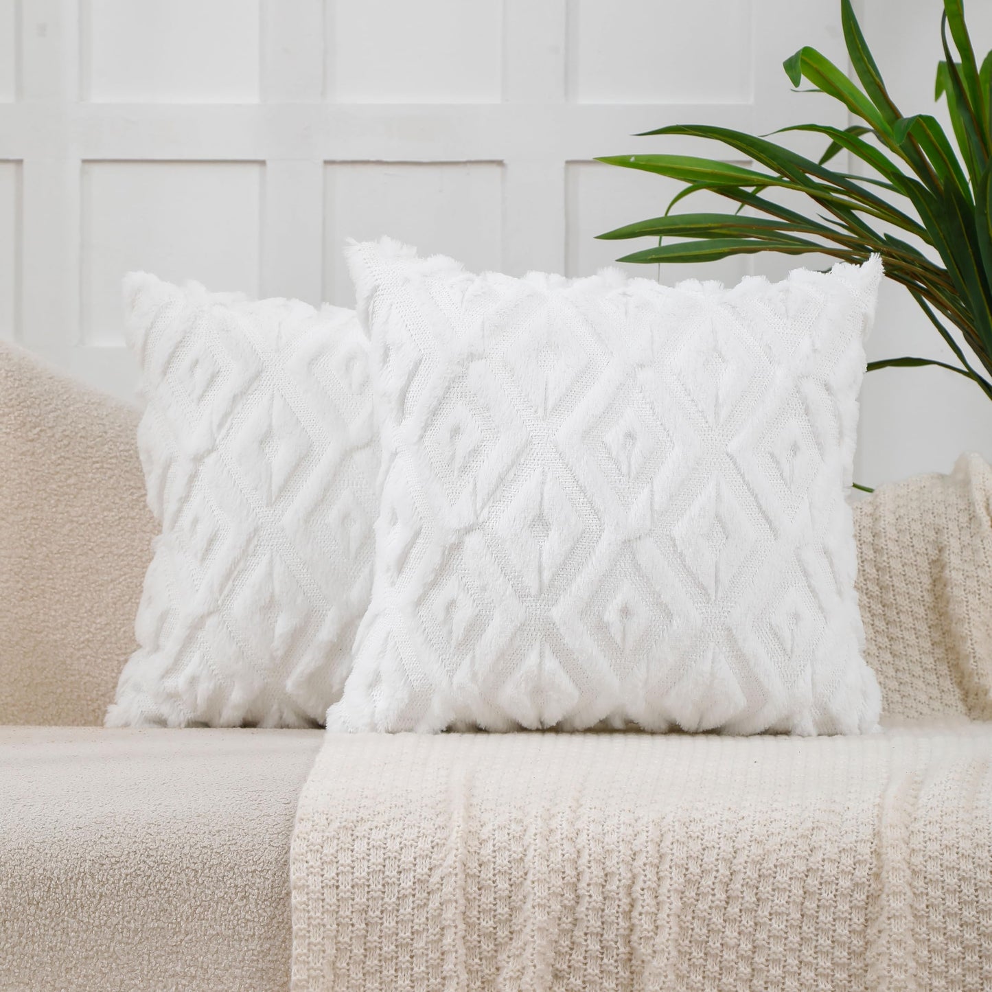 VAKADO Spring Decorative Throw Pillow Covers 18x18 Couch Set of 2 Boho Farmhouse Velvet Soft Plush Pillow Covers for Bed Sofa Home Living Room Beige