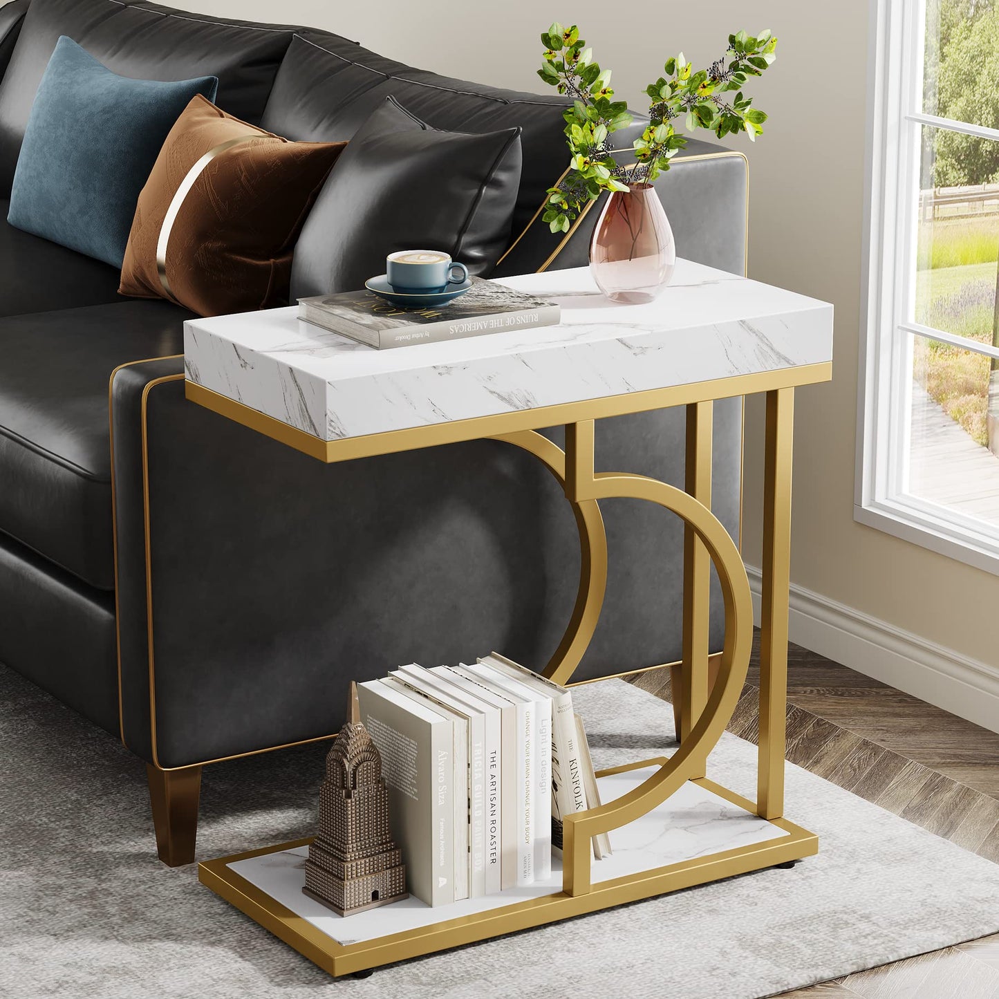 Tribesigns Narrow Side Table for Couch, C Shaped End Table with Metal Frame, Modern Bedside Tables, Small Sofa Tables for Small Spaces, Living Room (1, Brown+Black)