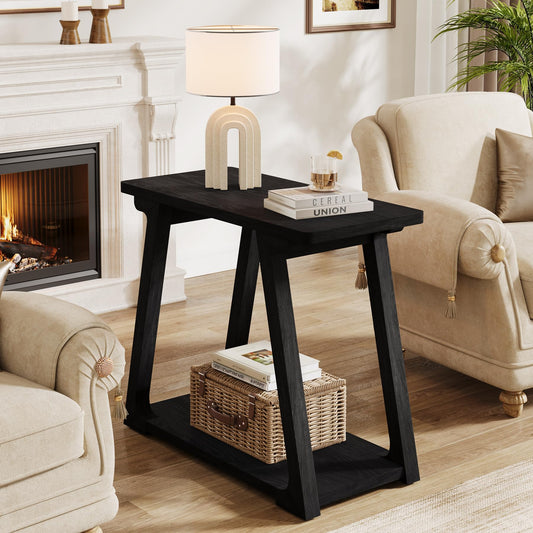 2-Tier Solid Wood End Table, Narrow Side Table, Farmhouse Rectangle Nightstand for Living Room, Bedroom, Easy Assembly, Trapezoidal Base (2, Natural Brown)