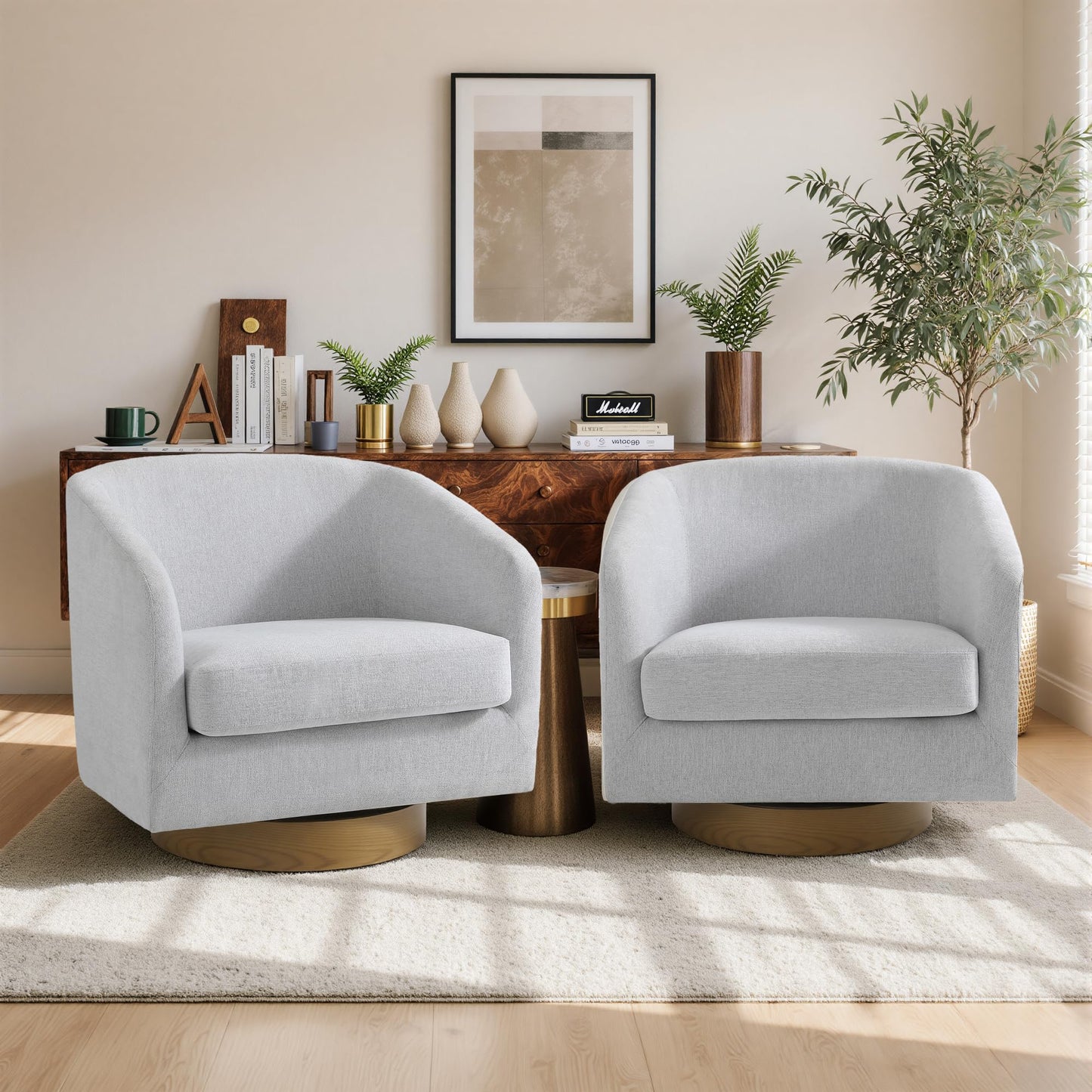 Swivel Barrel Chairs Set of 2, 31" W Modern Faux Leather Round Swivel Accent Chair for Living Room, 360° Rotation Upholstered Armchair Club Chair for Bedroom, Reading Room, Office (Brown)