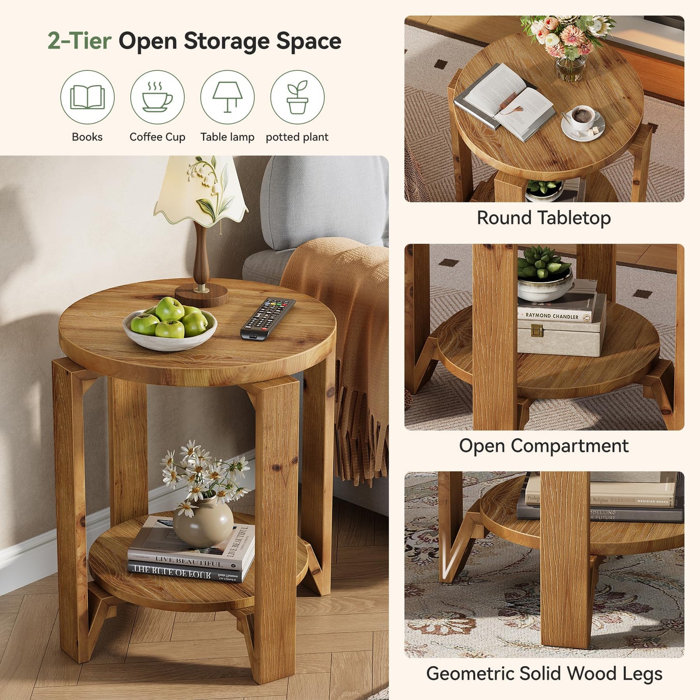 Solid Wood End Table, 2-Tier Round Wood Side Table for Living Room, Farmhouse Circle Nightstand with Storage for Bedroom, Couch, Small Spaces, Easy Assembly, Rustic Brown