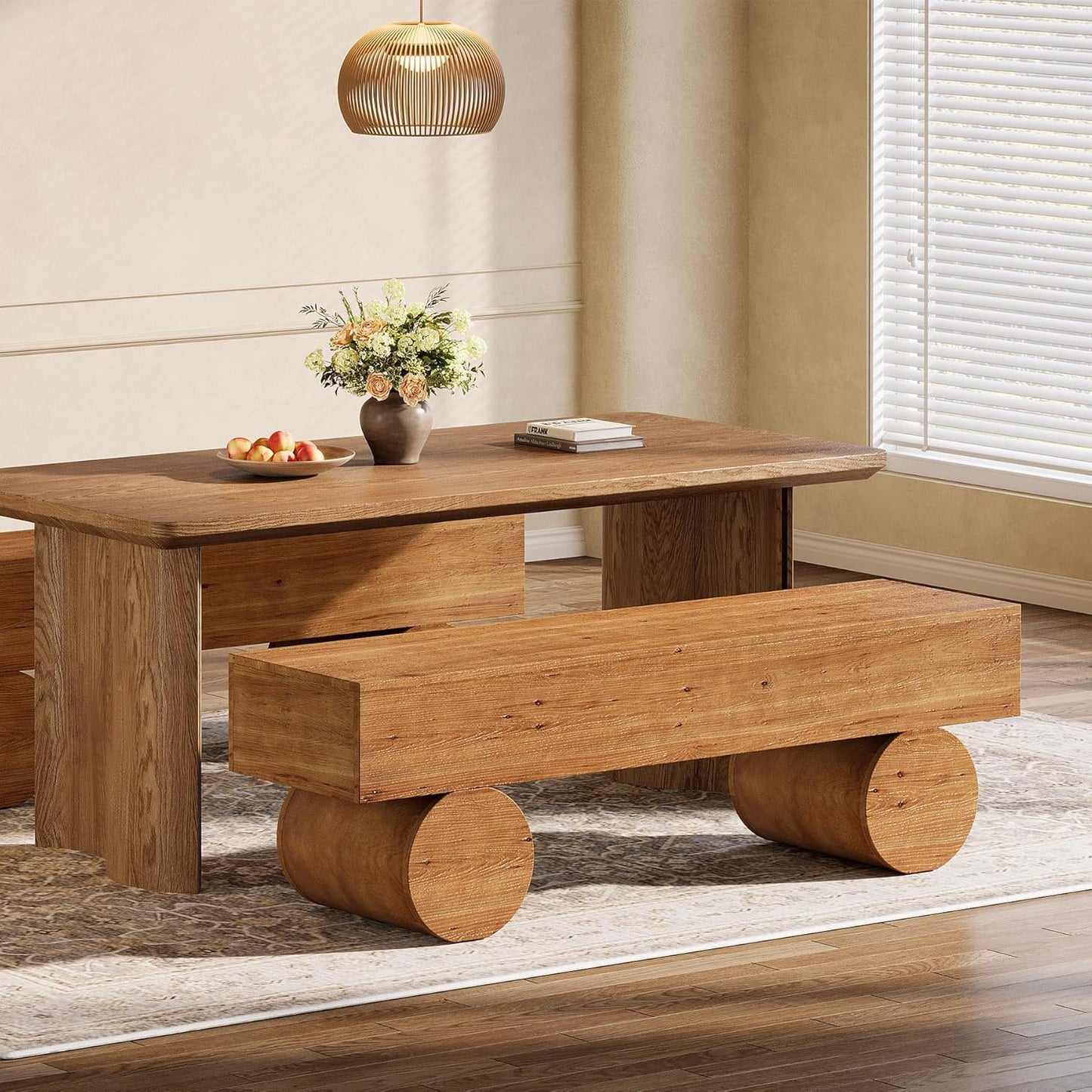 Solid Wood Dining Bench, 59” Farmhouse Indoor Long Kitchen Table Bench with Thickened Seat & Cylindrical Legs for Dining Room, Kitchen, Restaurant, Easy to Assemble, Brown