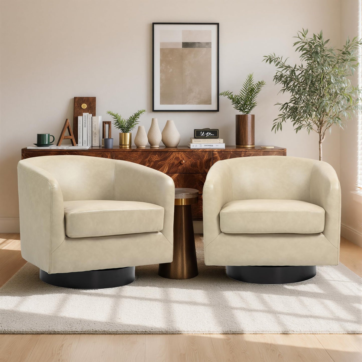 Swivel Barrel Chairs Set of 2, 31" W Modern Faux Leather Round Swivel Accent Chair for Living Room, 360° Rotation Upholstered Armchair Club Chair for Bedroom, Reading Room, Office (Brown)
