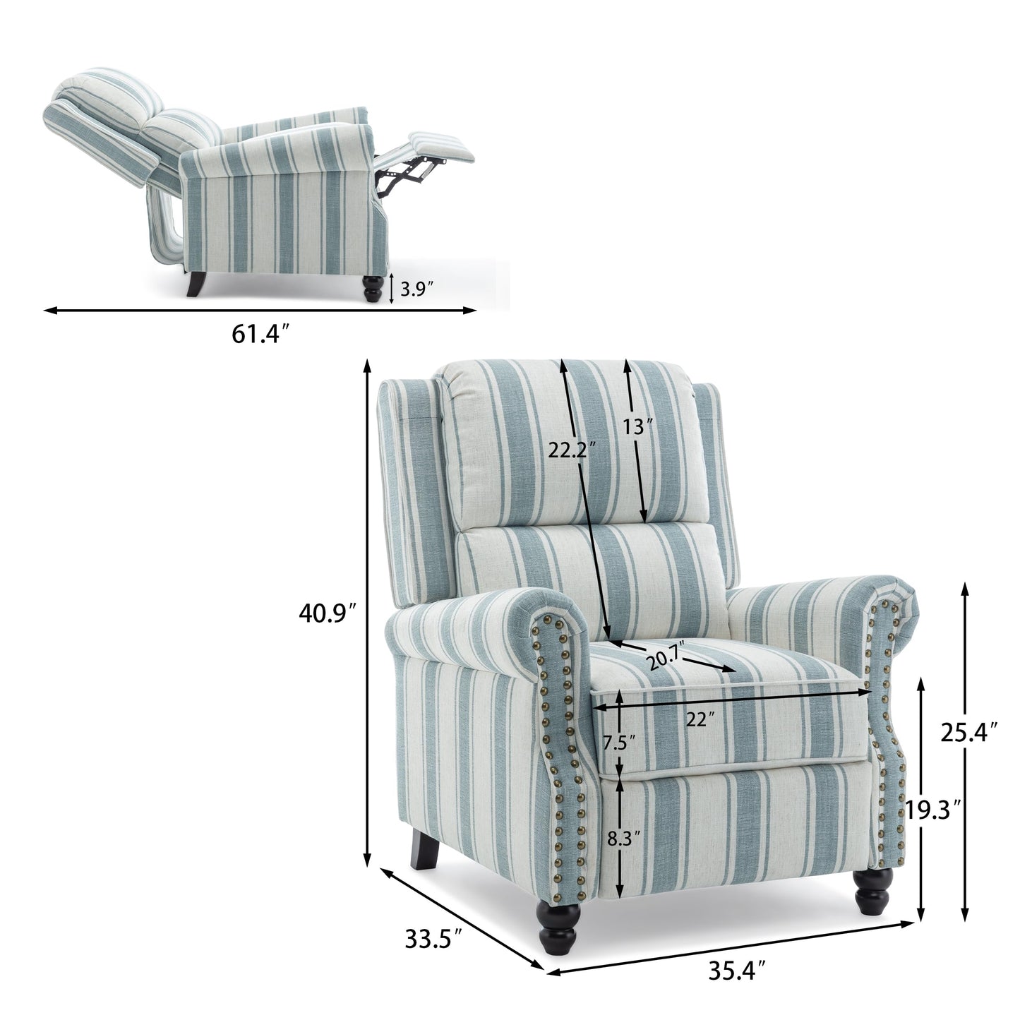 Pushback Recliner Chairs Set of 2, Comfy Fabric Wingback Recliner Chair, Upholstered Armchair Push Back Recliner with Wood Legs, Rivet Trim Accent Chair for Living Room, Bedroom, Blue Stripe