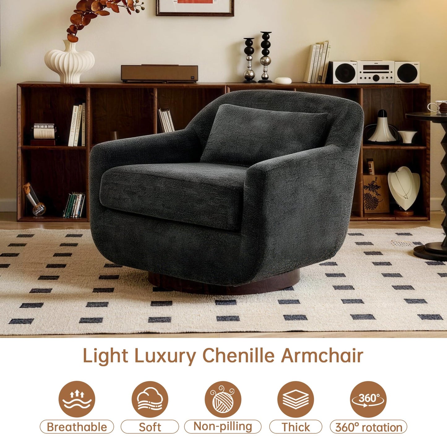 Swivel Accent Chair, 360° Swivel Upholstered Barrel Chair for Living Room, Comfy Club Armchairs Reading Chair with Curves Back Design, Metal Swivel Base, Chenille Fabric, Dark Gray