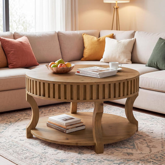 31.5 Inch Round Coffee Table, Farmhouse 2-Tier Center Table with Storage, Fluted Solid Wood Cocktail Table for Living Room (Brown)