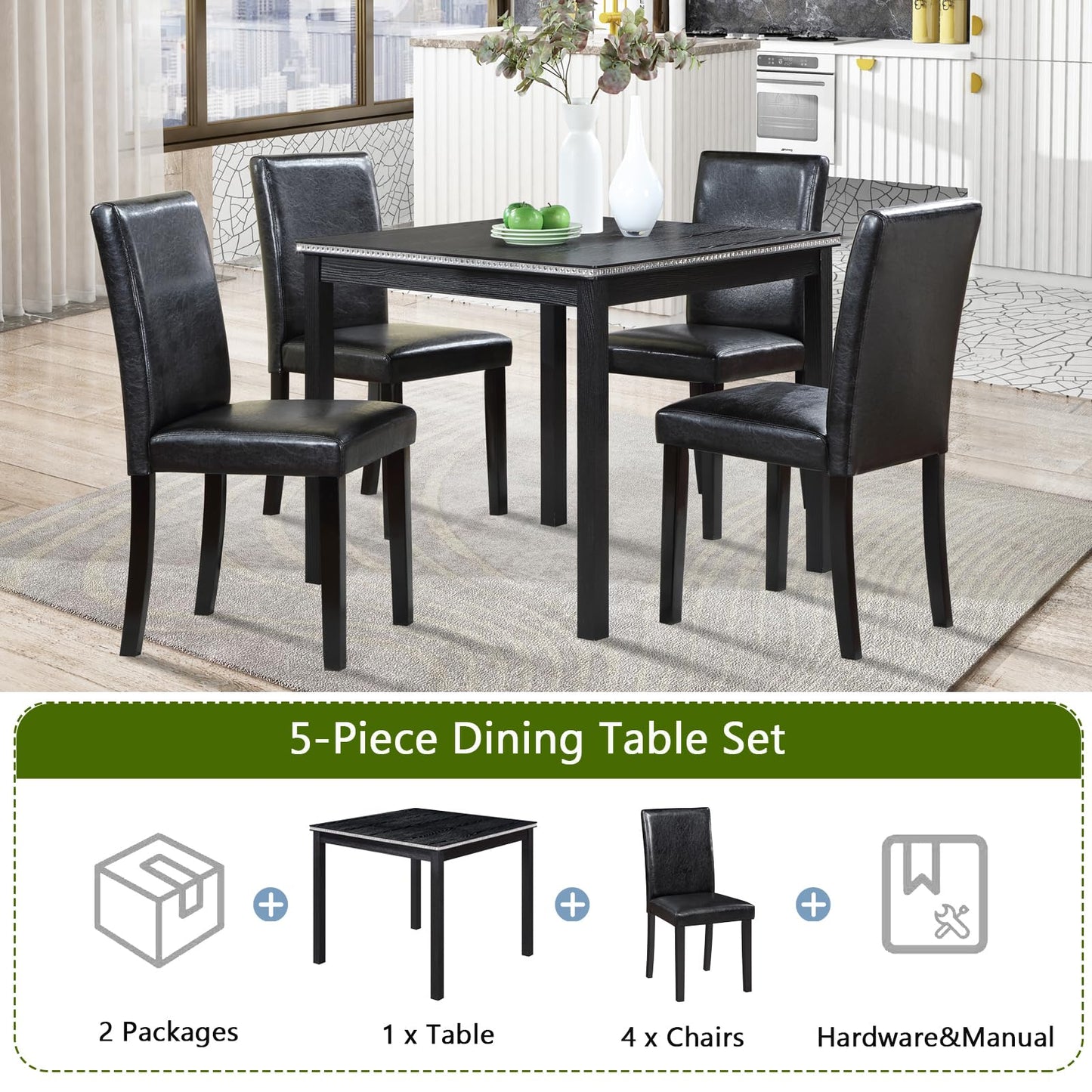 LKTART 5-Piece Kitchen & Dining Room Table and Chairs Sets,Small Square Kitchen Table with 4 Upholstered XX-Shaped Backrest Chairs,Walnut