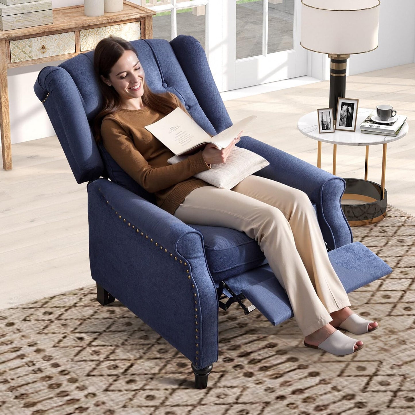 IOMOR Push Back Recliner Chair Fabric Lounge Armchair Pushback Recliner with Rivet Decoration Wingback Single Sofa Chair with Padded Seat for Living Room, Bedroom (1, Navy)