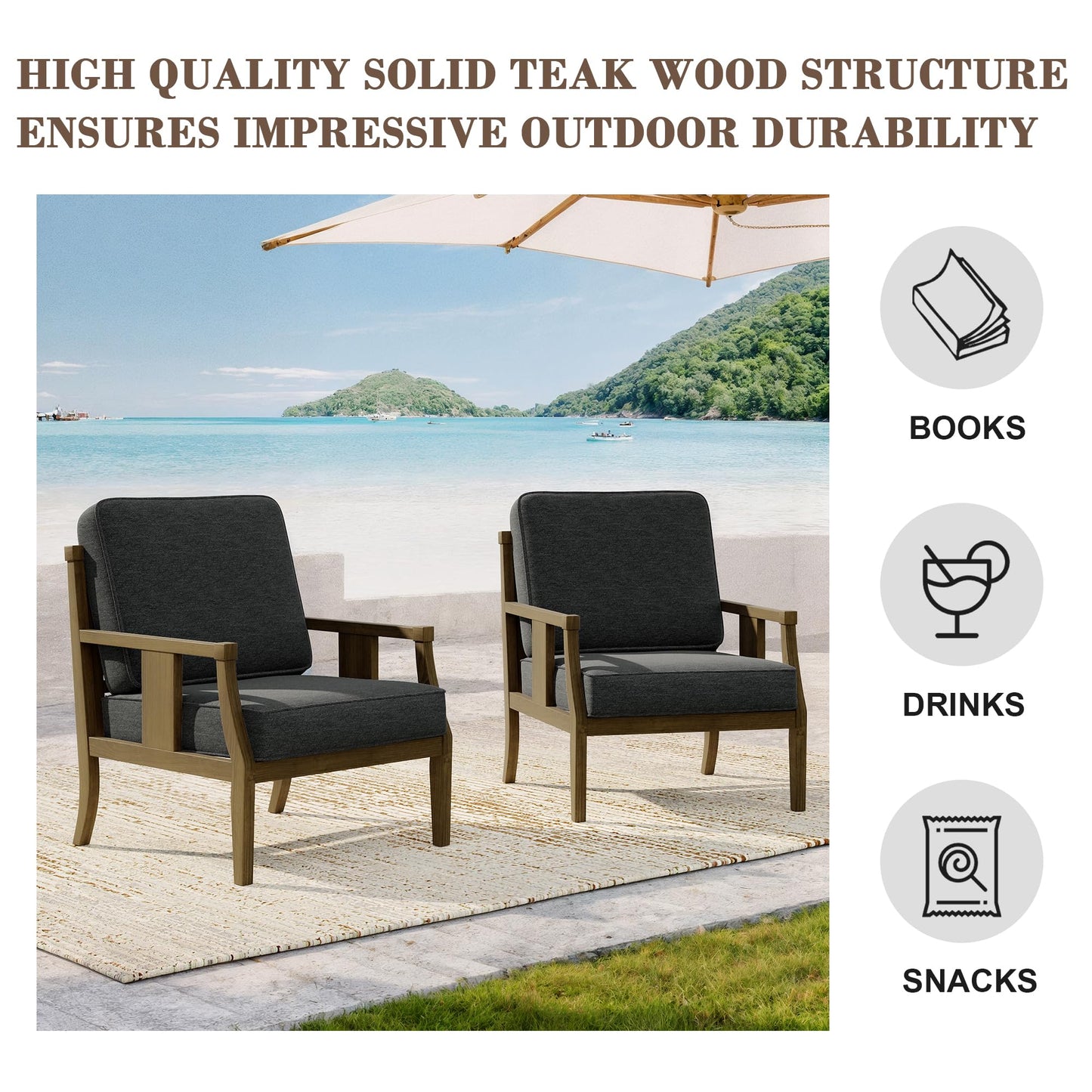 Outdoor Patio Armchairs Set of 2, All-Weather Solid Wood Patio Furniture Sets, Outdoor Sofa Chairs with Washable Thick Cushions for Porch, Balcony, Deck, Black Frame & Gray Cushion