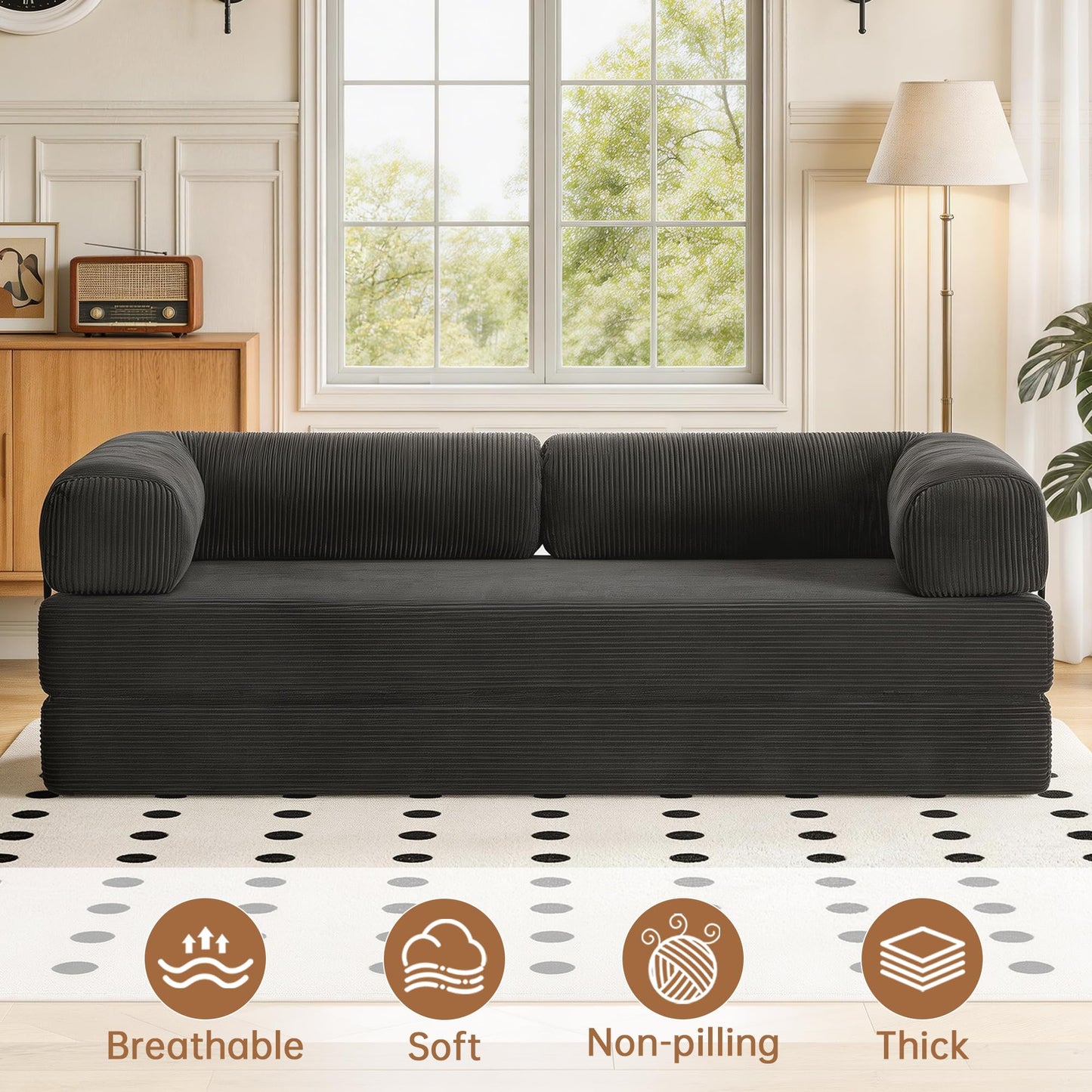 79'' Convertible Sleeper Sofa Bed, 4-in-1 Corduroy Folding Floor Couch, No Assembly Modular Boneless Loveseat with Pull Out Bed, Comfy Foldable Sofa Bed for Living Room Bedroom Guest Room, Gray