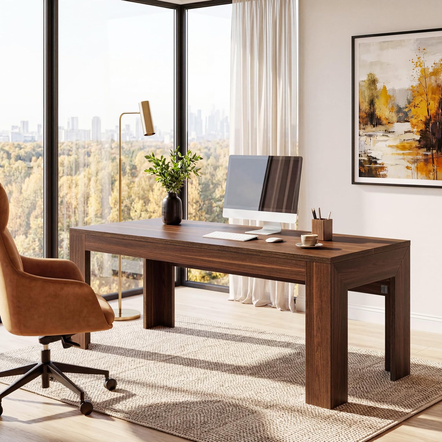 Tribesigns 63-Inch Office Desk, Modern Executive Desk with Large Tabletop, Wooden Computer Desk, Long Workstation for Home Office, Light Brown