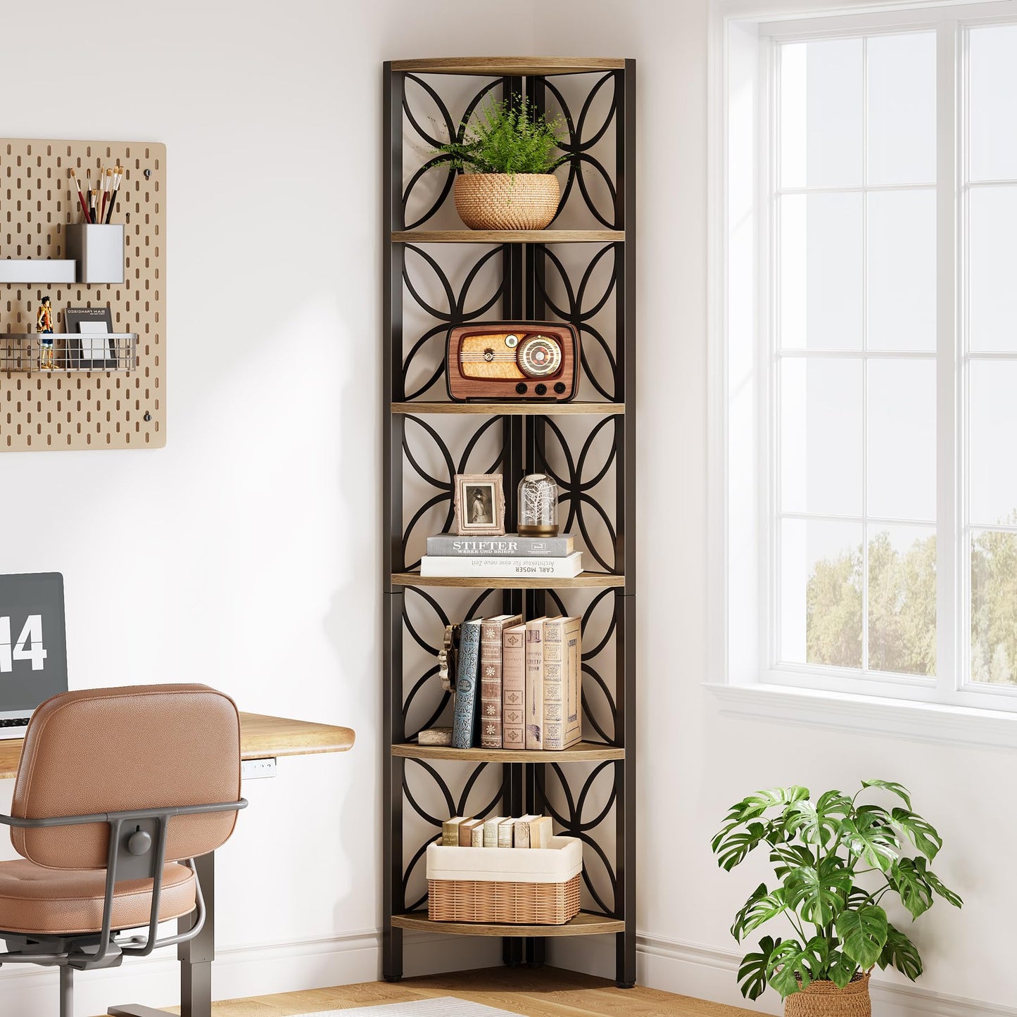 Tribesigns 6-Tier Corner Shelf, Industrial 70.9" Rustic Corner Bookshelf Display Shelf for Living Room, Wooden Shelving Unit Plant Stand Storage Rack for Bedroom, Bathroom, Kitchen,Natural