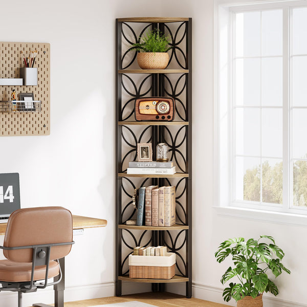 Tribesigns 6-Tier Corner Shelf, Industrial 70.9" Rustic Corner Bookshelf Display Shelf for Living Room, Wooden Shelving Unit Plant Stand Storage Rack for Bedroom, Bathroom, Kitchen,Natural