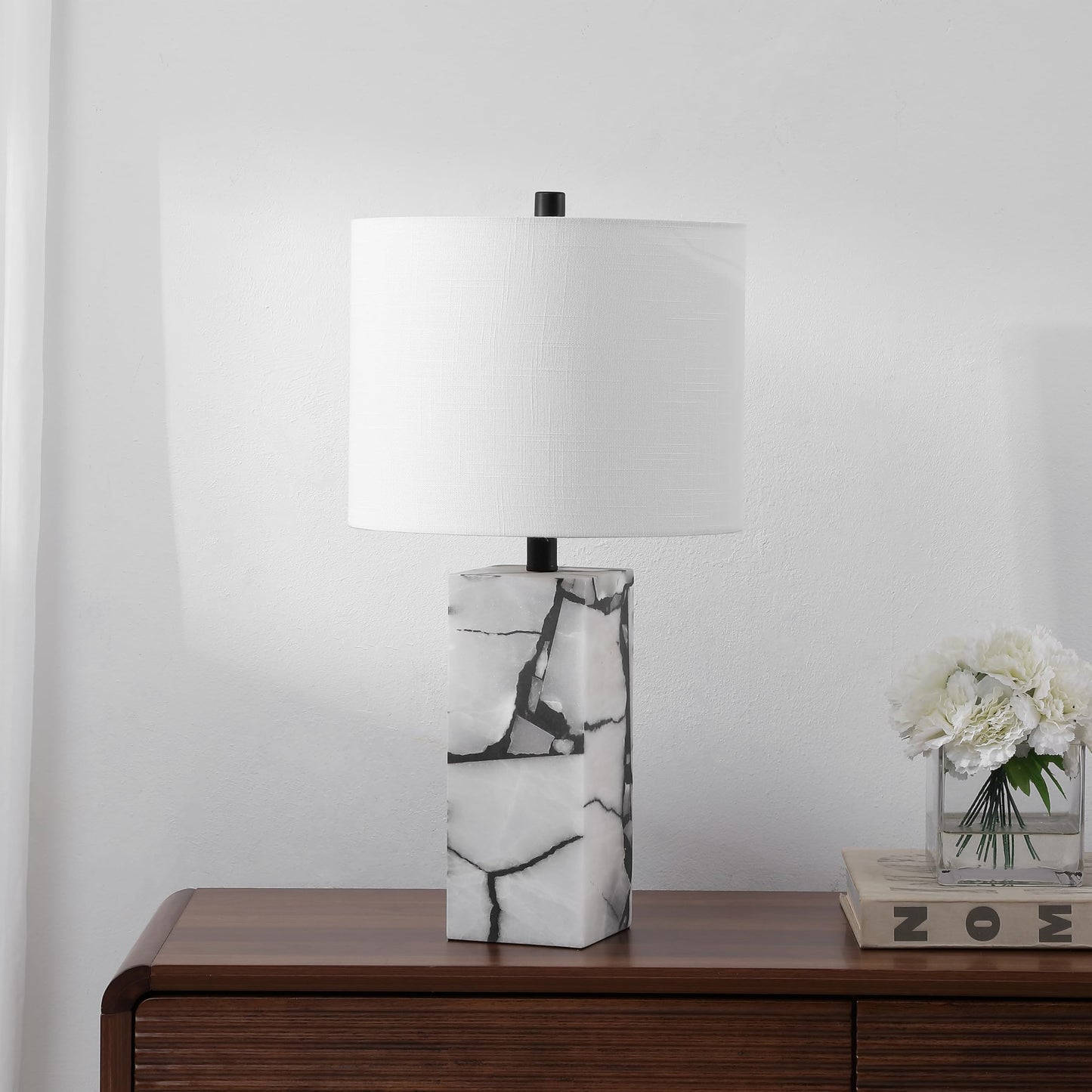 JONATHAN Y 24.25" Black/White Modern Alabaster LED Table Lamp for Home Decor, White Linen Shade, Coastal Nightstand Lamp with Built-in Base Accent Light (JYL8507A)