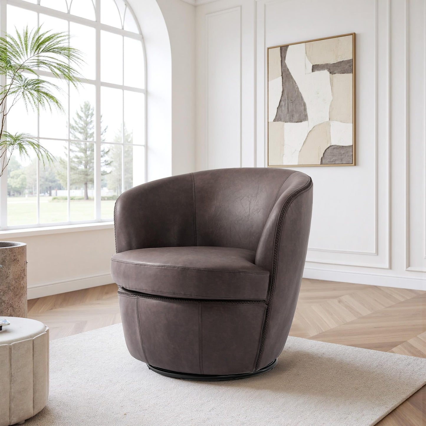 360° Swivel Barrel Accent Chair, Faux Leather Round Swivel Chair for Living Room, Comfy Upholstered Armchair Single Sofa Club Chair for Bedroom Reading Room, No Assembly Required - Light Brown