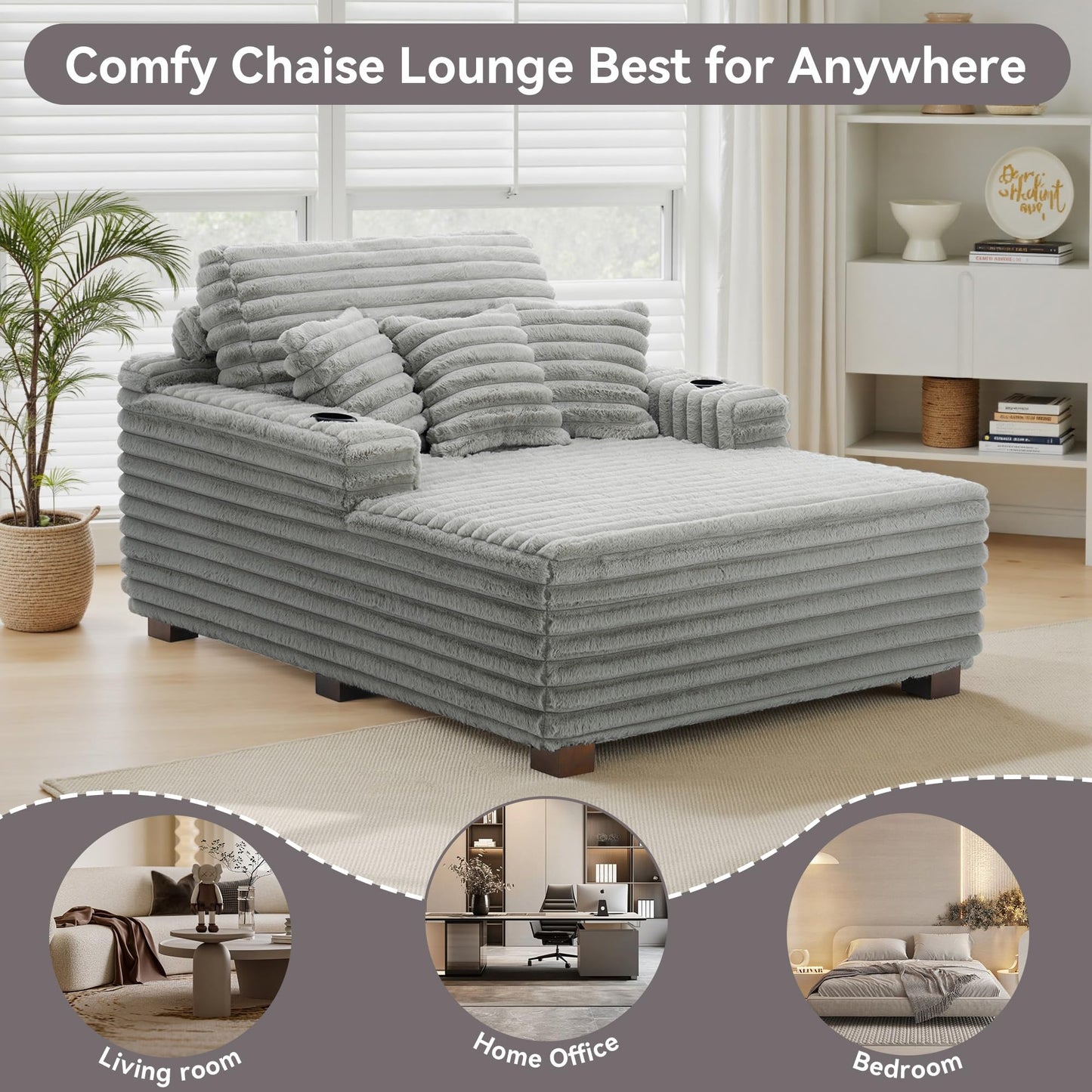 59" Chaise Lounge Chair Indoor, Upholstered Oversized Sleeper Sofa Bed Reading Chairs with 3 Soft Pillows & 2 Cup Holders, Comfy Cloud Deep Seat Sofa for Living Room Bedroom, Set of 2, Navy