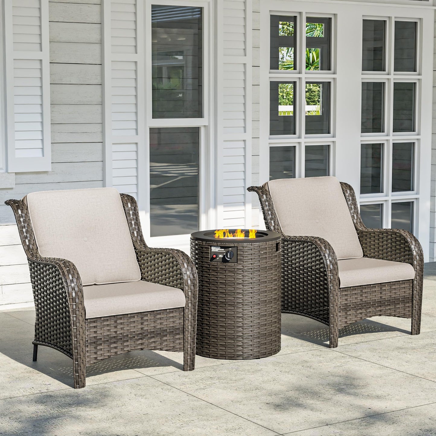 Joyside Patio Furniture Set with Fire Pit Table, 3 Piece Outdoor Wicker Conversation Sets with High Back, Thickened Cushions, Rattan Sectional for Porch, Lawn Use (Red)