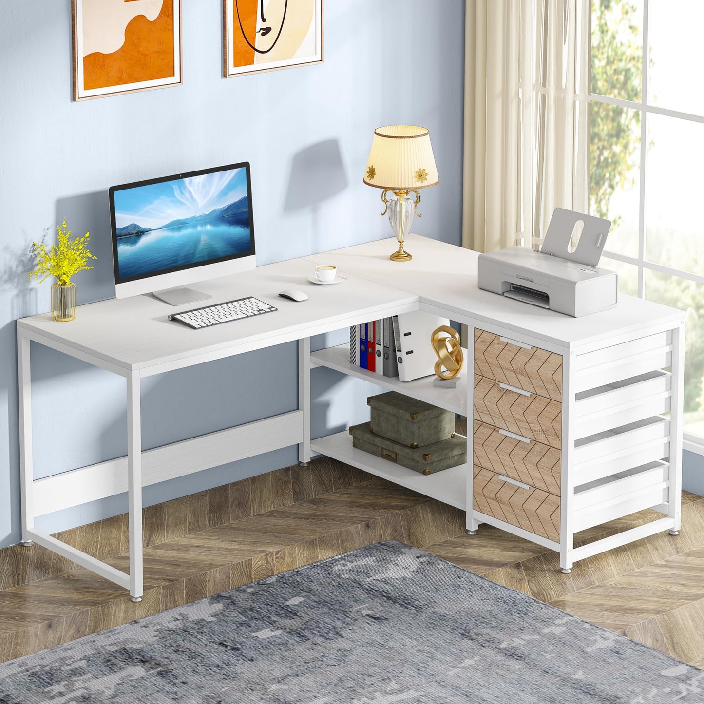 Tribesigns L Shaped Computer Desk with Storage Drawers, 59 inch Corner Desk with Shelves, Reversible L-Shaped Office Desk Study Writing Table Workstation for Home Office, Walnut & White