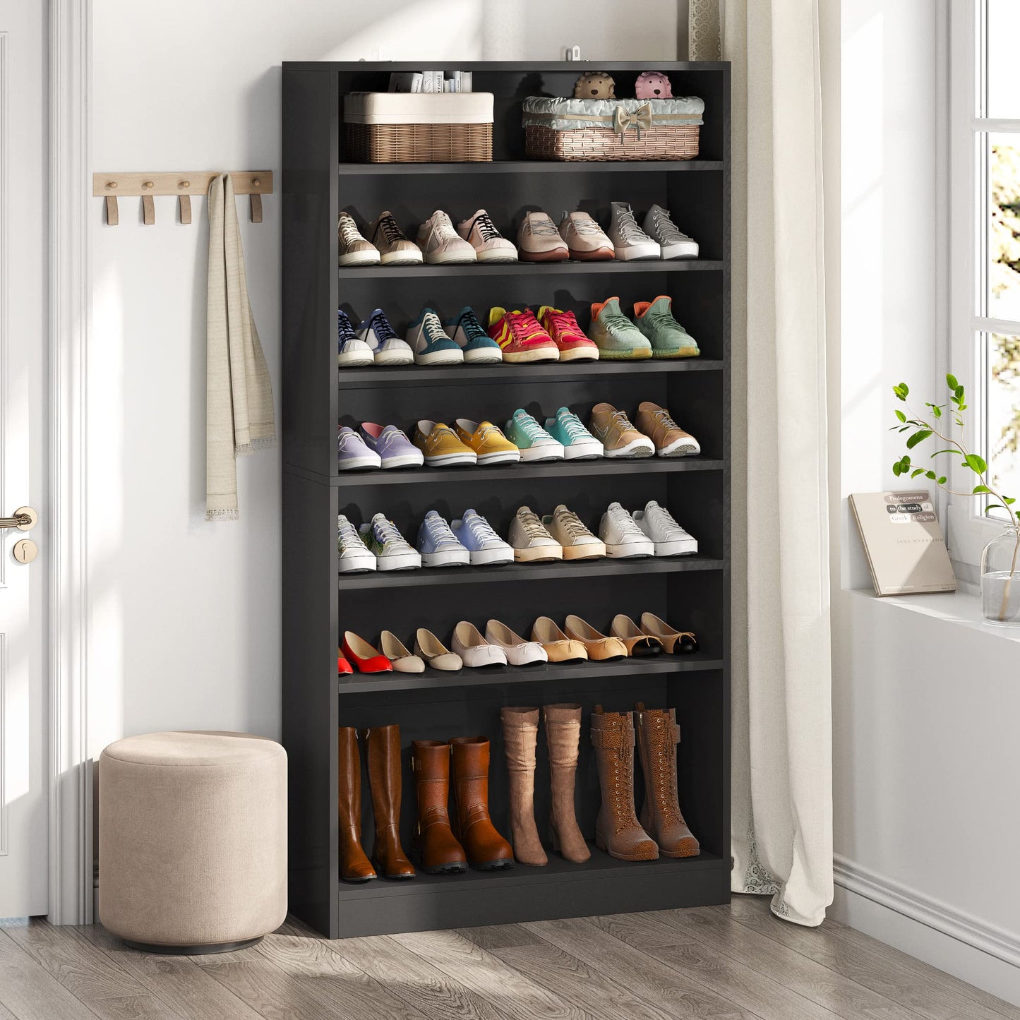 Tribesigns Shoe Cabinet, 9 Tiers 40-45 Pairs Heavy Duty Wood Freestanding Shoe Storage Cabinet, 70.8'' Tall Shoe Cabinet with Open Storage for Entryway, White