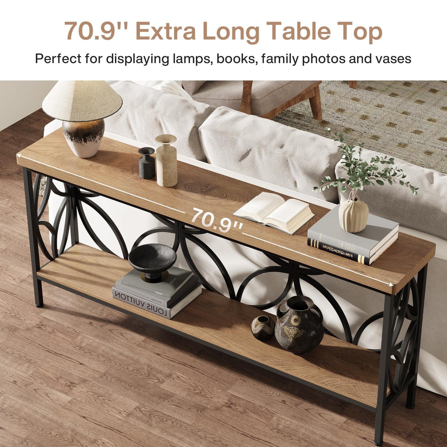 Tribesigns 70.9-Inch Narrow Sofa Table, Industrial Long Sofa Table Behind Couch, Entry Console Table with Storage for Entryway, Living Room, Foyer, Unique Design, Rustic Brown