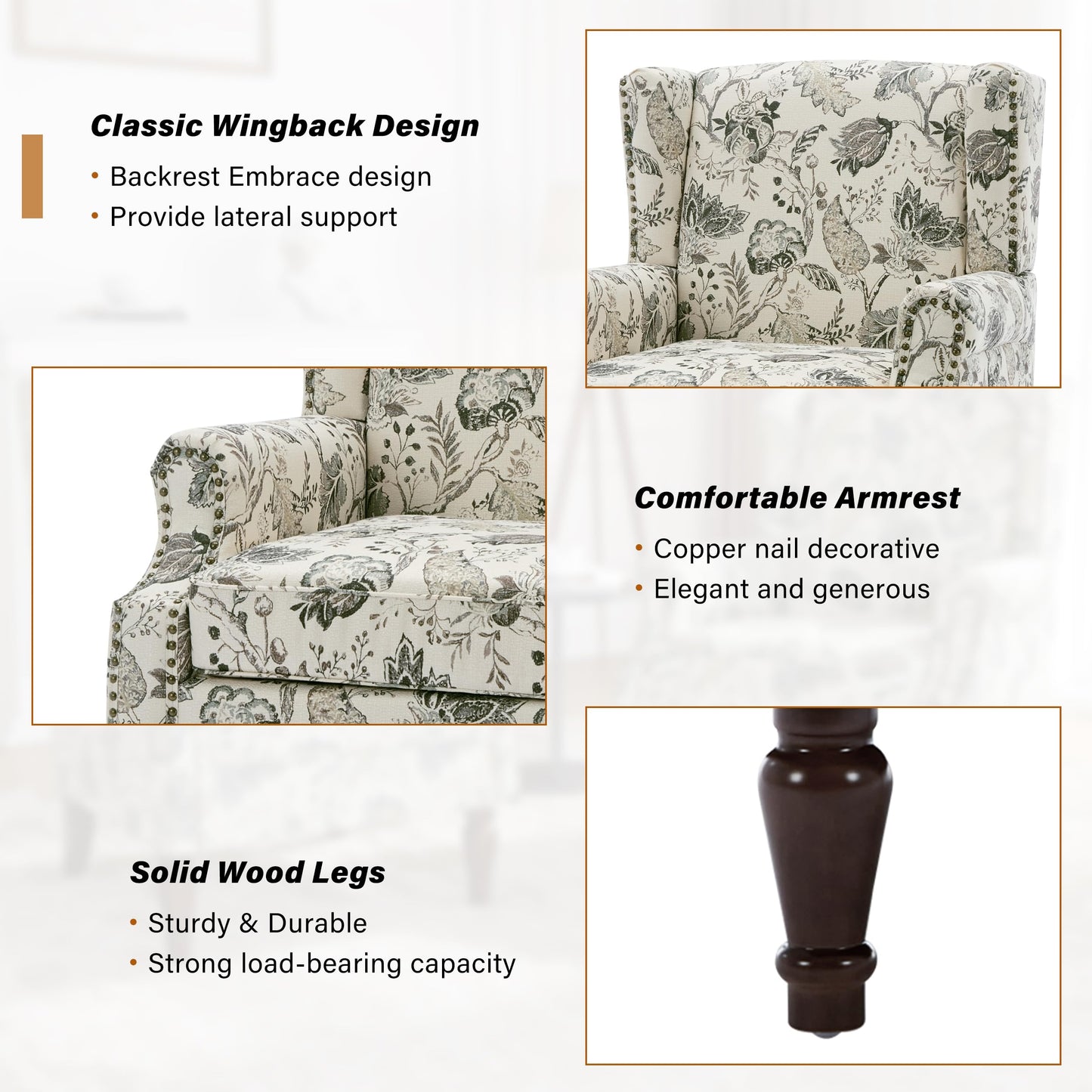 Floral Wingback Accent Chair, High Back Upholstered Armchair, Comfy Fabric Wingback Arms Chairs with Solid Wood Legs, Single Sofa Reading Chair for Bedroom Living Room, Beige