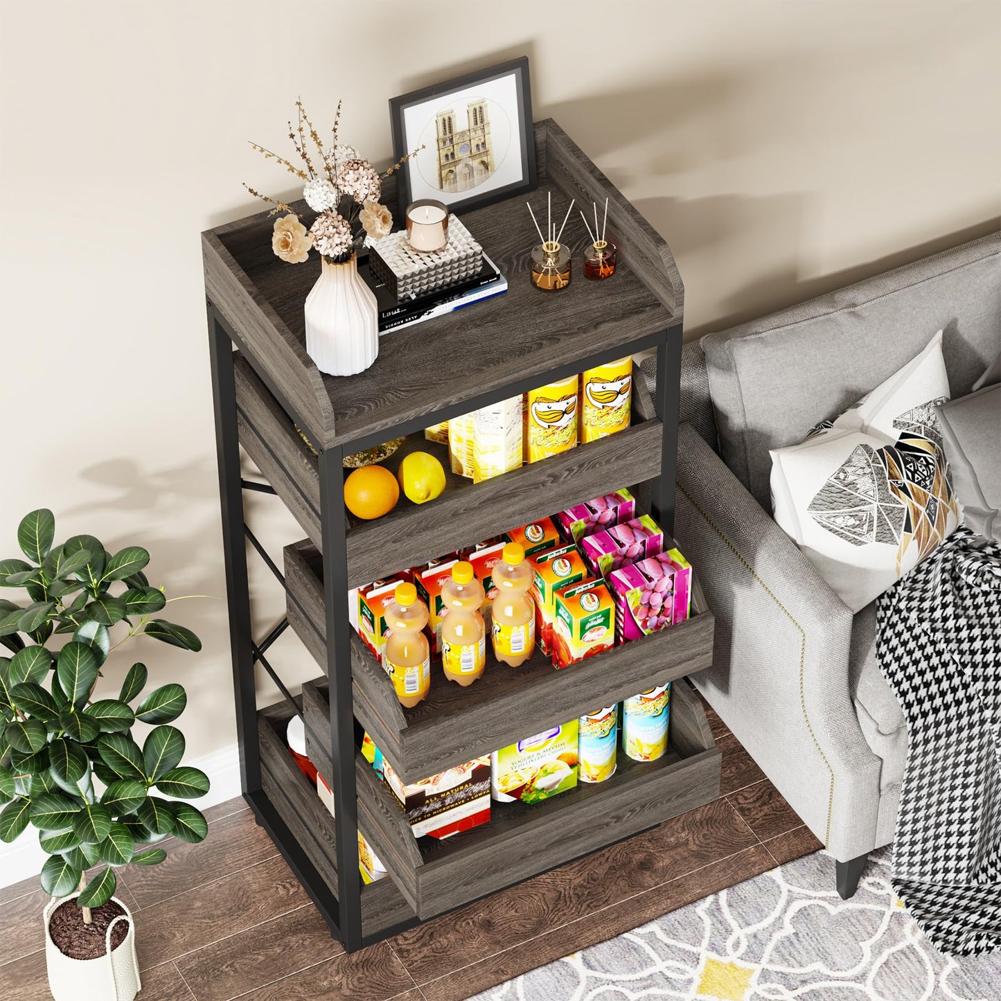 Tribesigns Wood Fruit and Vegetable Storage Rack, 5-Tier Pull-Out Snack Stand Fruit Basket Stand, Utility Shelf Organizer for Kitchen, Living Room, Bedroom, Rustic Brown