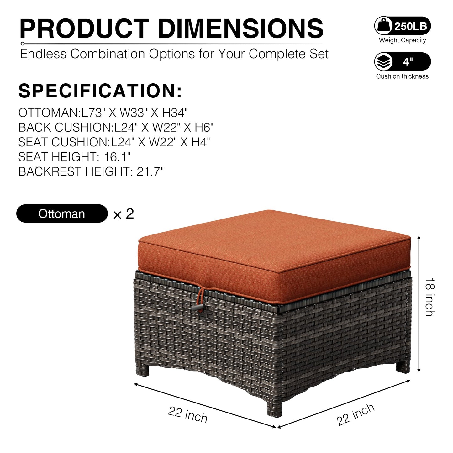 Joyside Outdoor Ottoman Set of 2, Patio Large Ottoman Foot Rest with Thickened Cushions, Outdoor Wicker Foot Stool for Porch, Deck Use