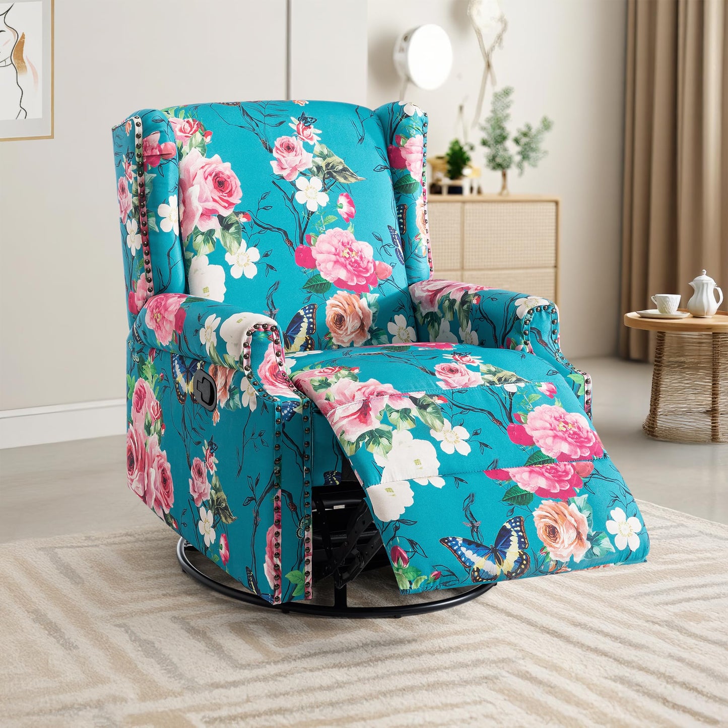 Swivel Rocker Recliner Chair, 360° Swivel Wingback Recliner Chairs for Adults, Upholstered Printed Fabric Glider Rocking Chair with High Back, Deep Seat for Living Romm Bedroom, Bird