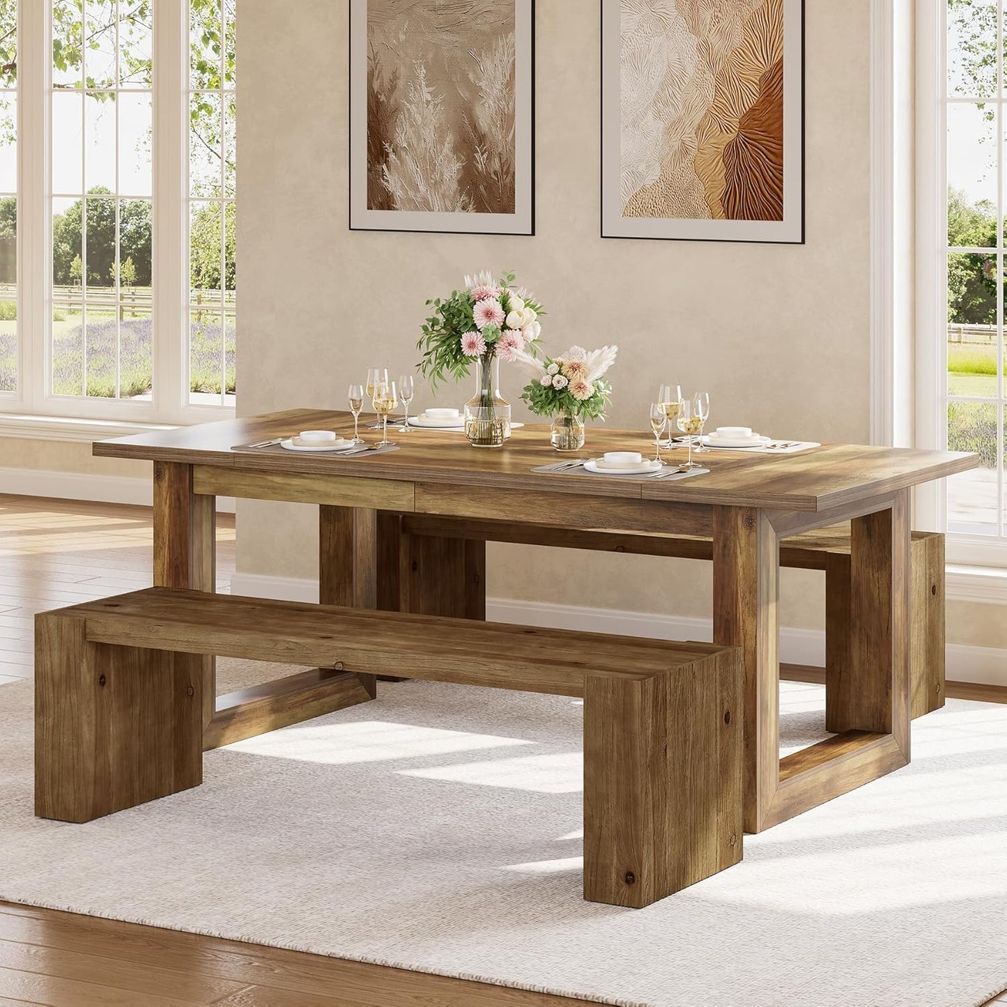 59-Inch Solid Wood Dining Bench, Farmhouse Kitchen Bench for Dining Room, Living Room, Restaurant