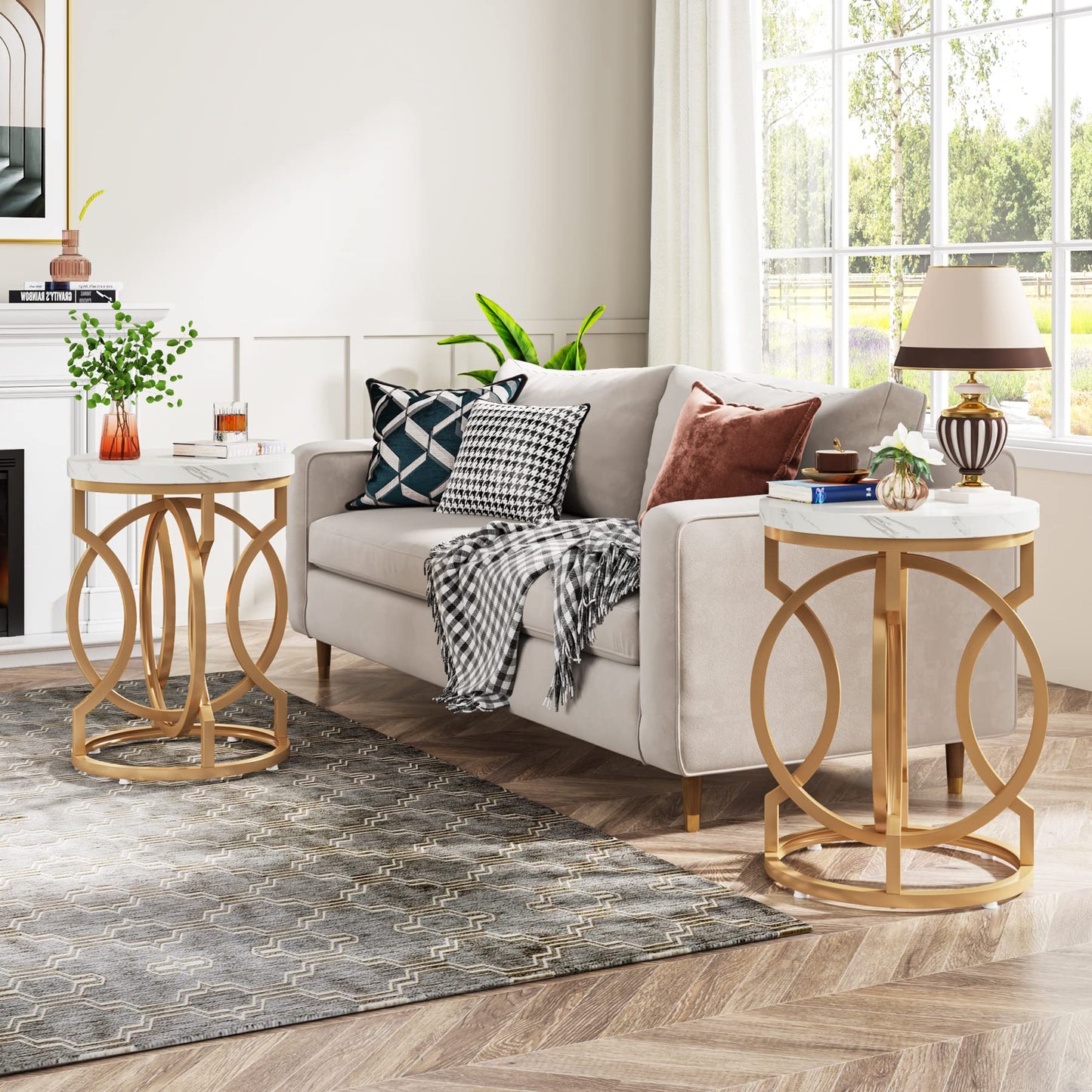 Tribesigns Modern Round End Table Set of 2 with Thickened Tabletop, 20" Gold Side Table with Unique O-Shaped Metal Base, Midcentury Nightstand for Living Room Bedroom, White + Gold