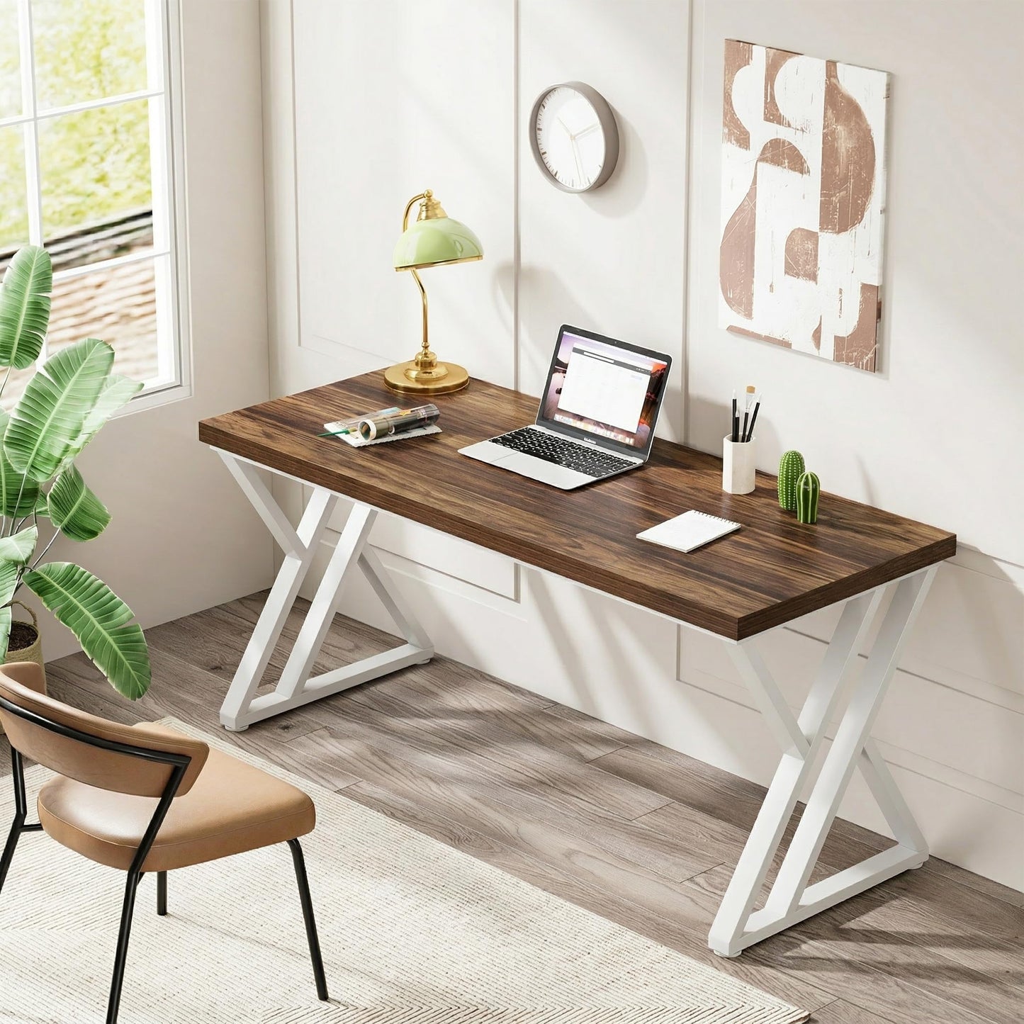 Tribesigns Modern Walnut/White 55" Heavy Duty Computer Desk, Study & Work Desk, 23.6"D x 55.1"W x 29.5"H, Z-Shaped Metal Legs, 330 lbs Capacity